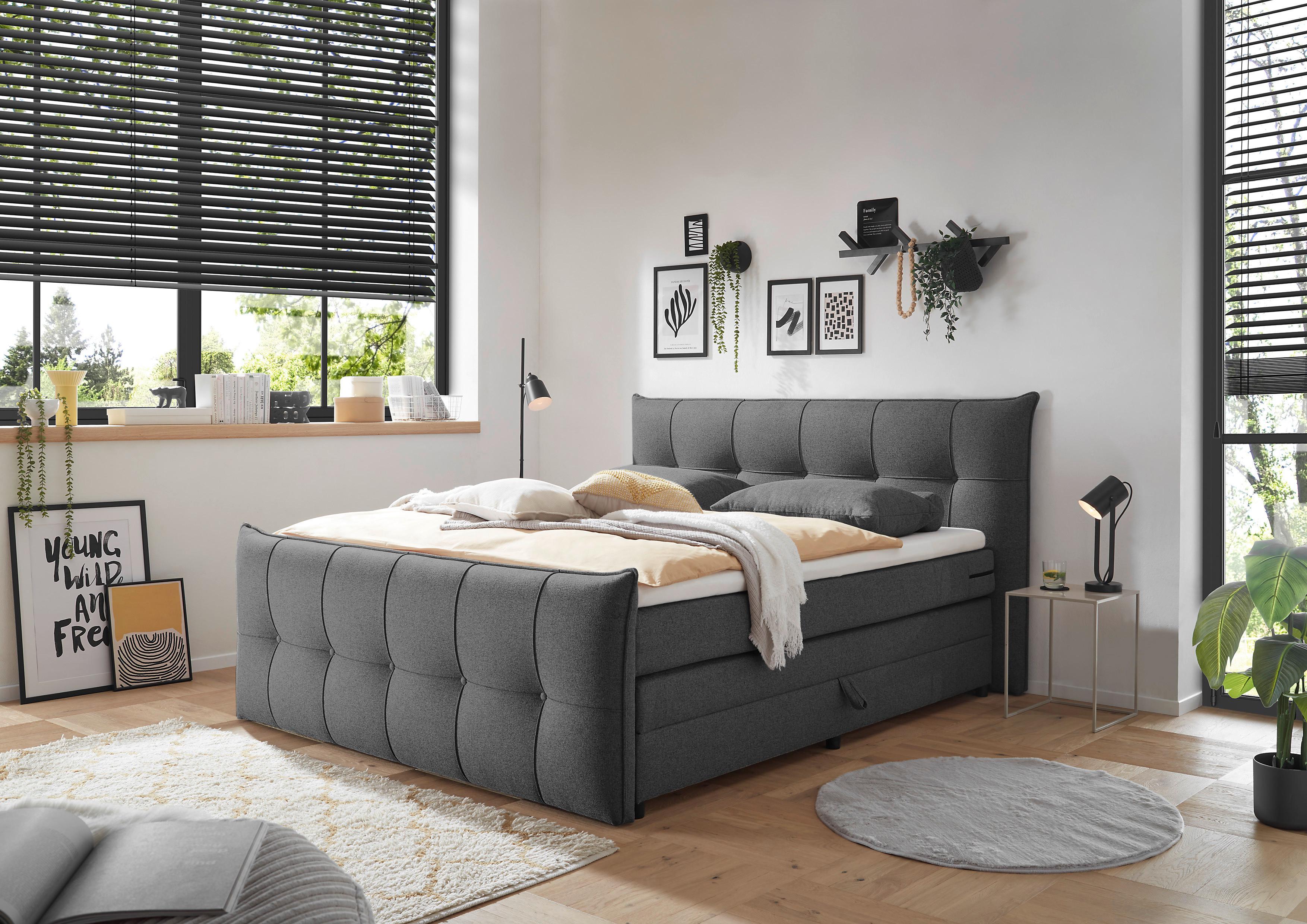 Boxspringbett Manchester 6 - Anthrazit/Schwarz, MODERN, Holzwerkstoff/Textil (180/200cm) - MID.YOU