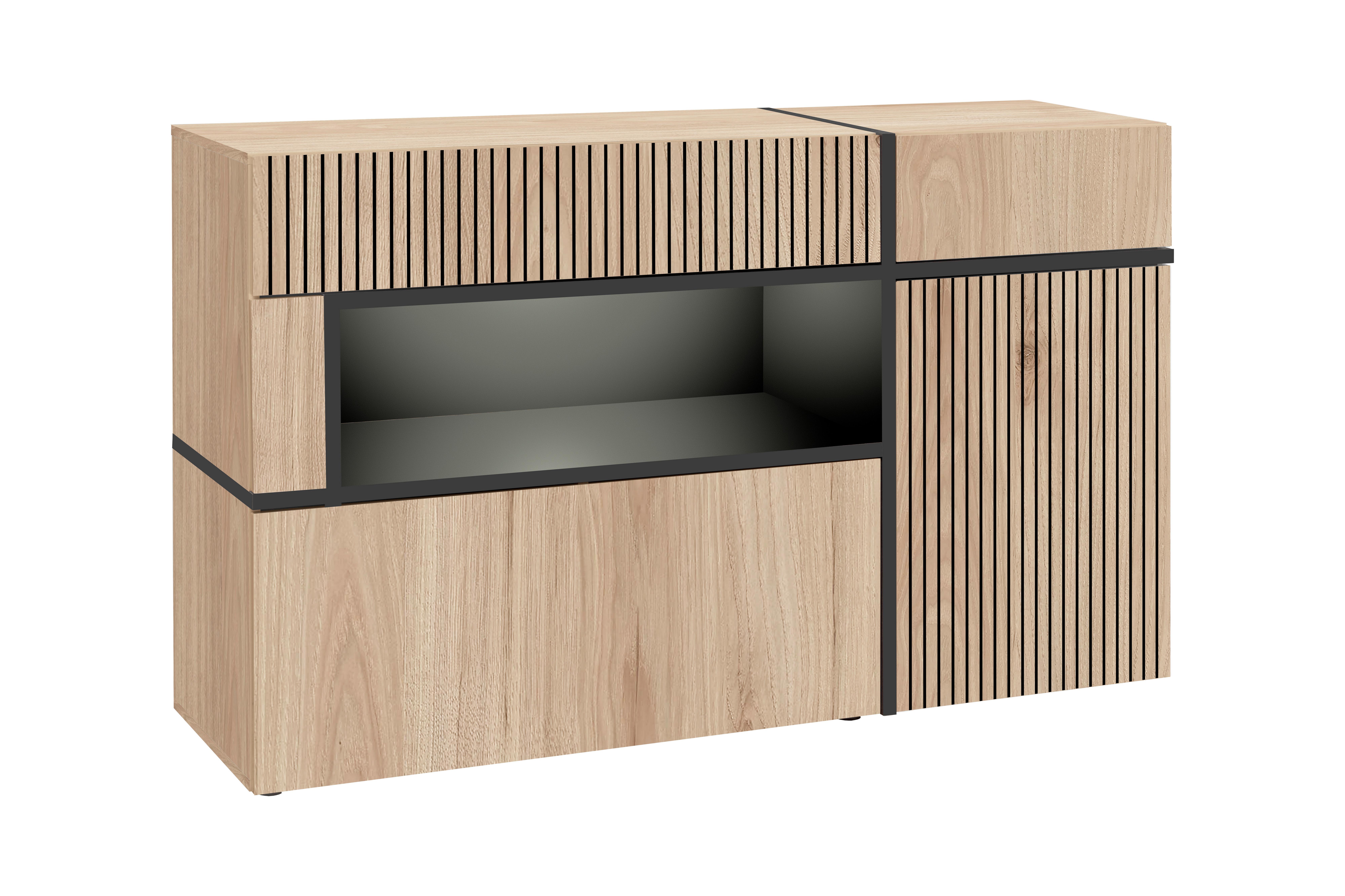 Široká komoda CROSS čierna/hikória - čierna/hikória, Modern, kompozitné drevo/plast (150/90/45cm) - Premium Living