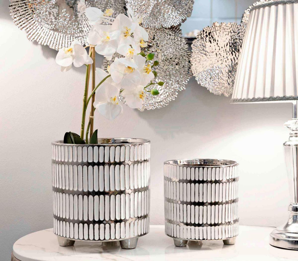 Vase Holder Ray Set 2 Pcs Weiß, Silberfarben B: 22,5 cm - Silberfarben/Weiß, Basics, Keramik (22,5/24/22,5cm)