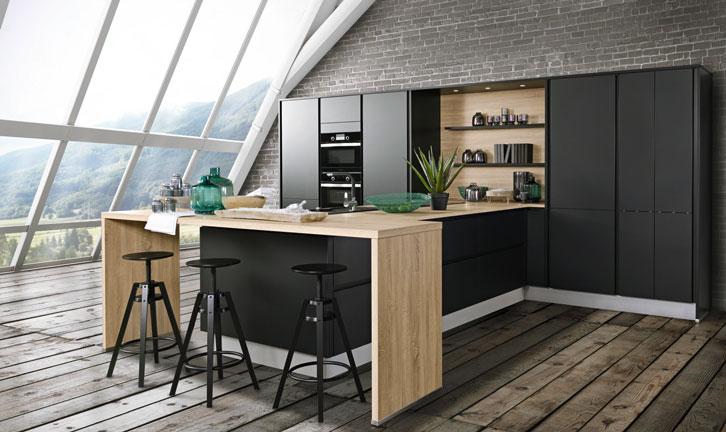 Einbauküche Moon Frei Planbar Modern, grifflos - Eichefarben/Schwarz, MODERN, Holzwerkstoff - Express