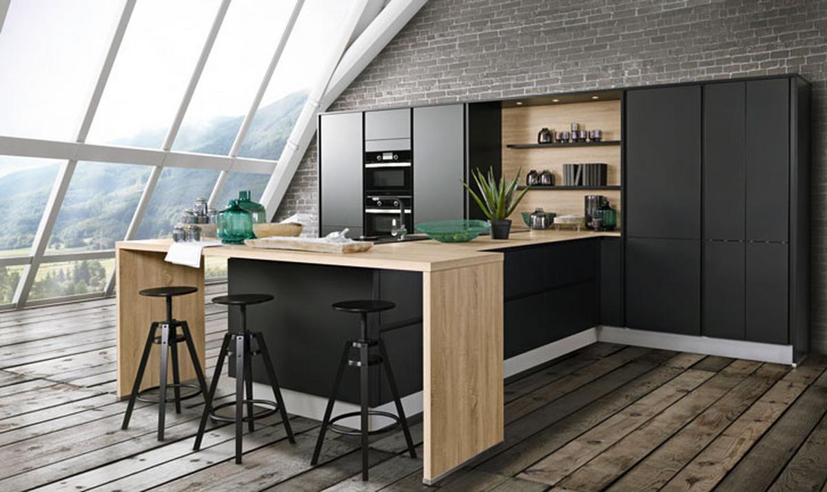 Einbauküche Moon Frei Planbar Modern, grifflos - Eichefarben/Schwarz, MODERN, Holzwerkstoff - Express