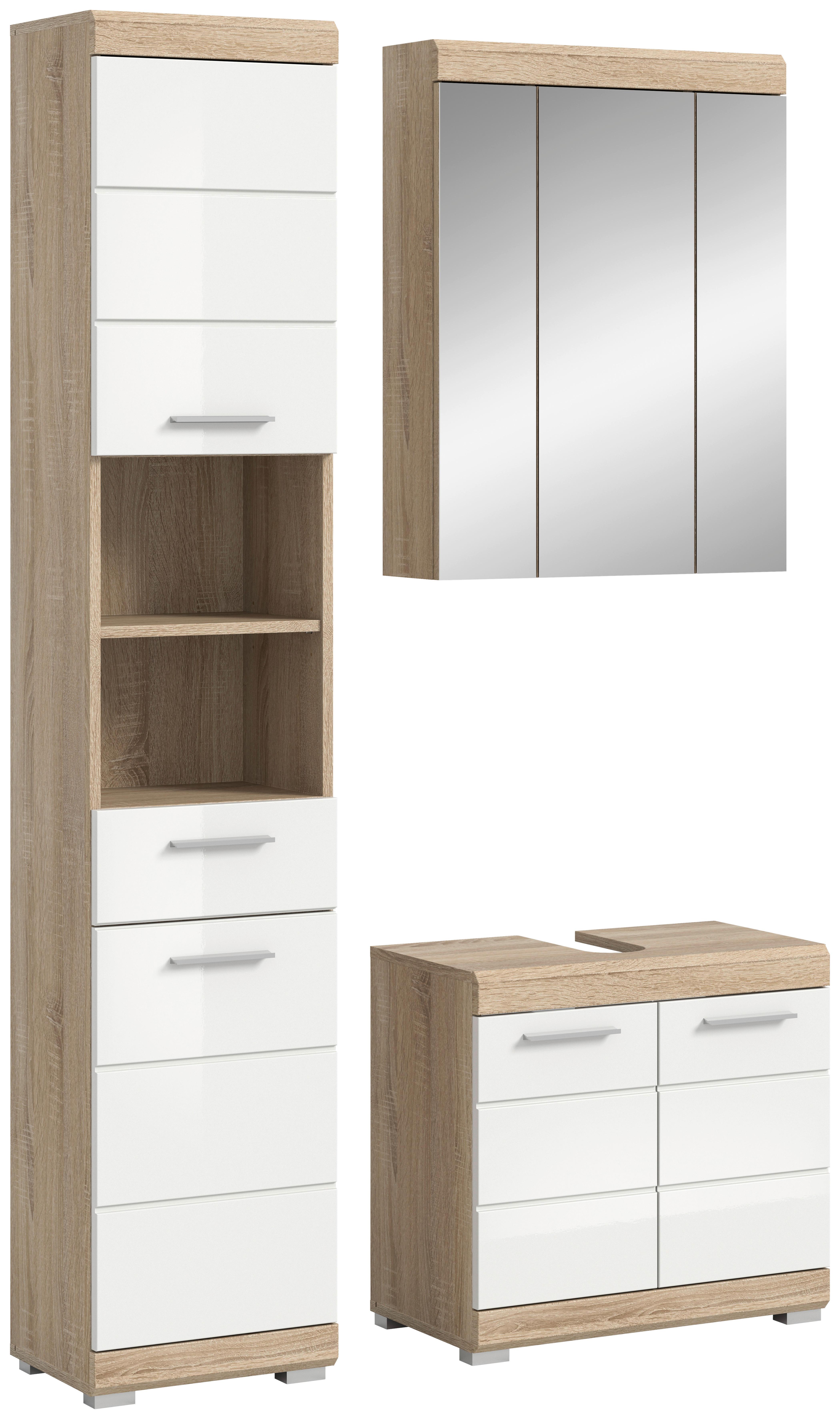 Badezimmer Lambada Eiche Dekor/Weiß B: 97 cm - Weiß Hochglanz/Silberfarben, MODERN, Glas/Holzwerkstoff (97cm) - MID.YOU