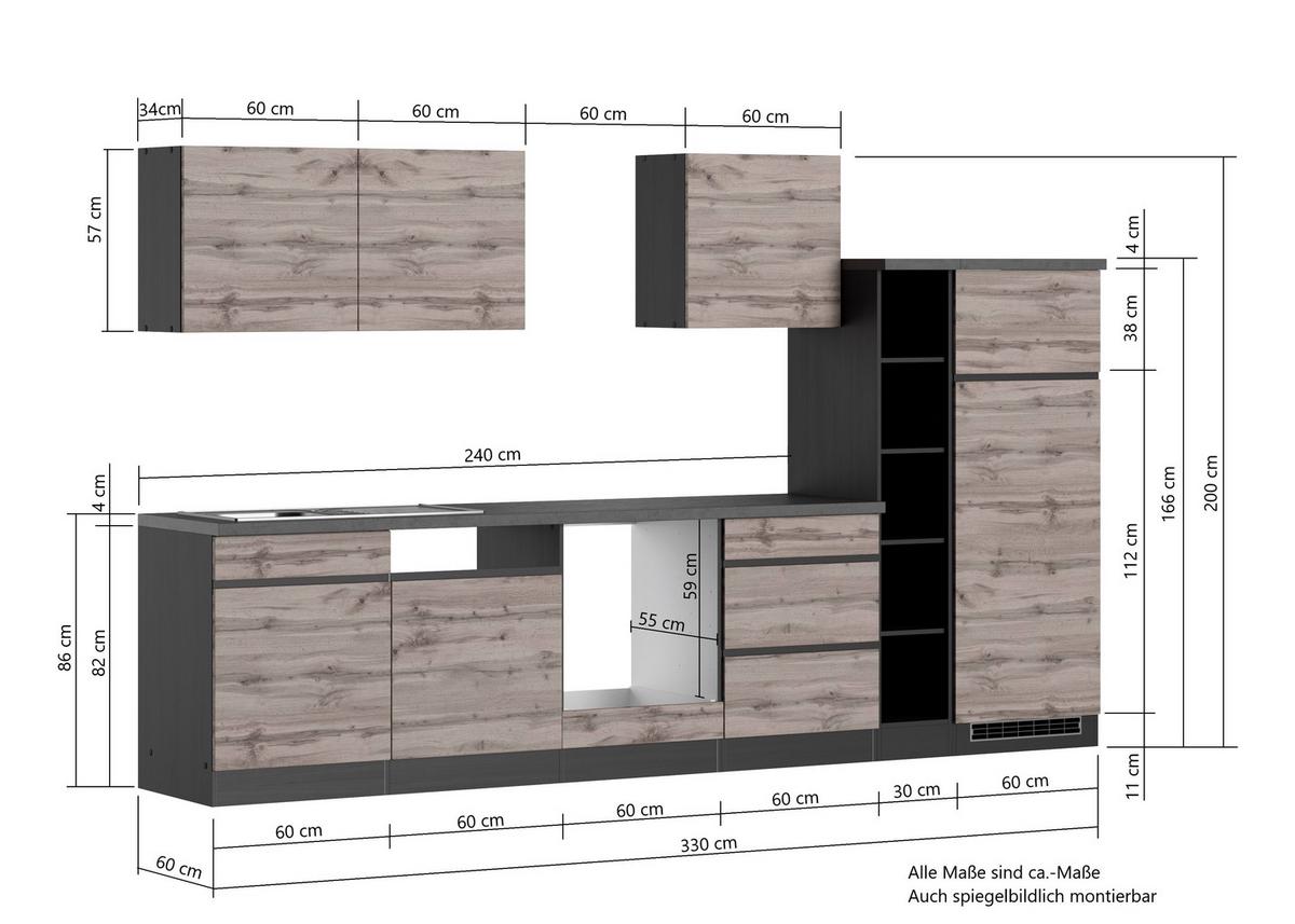 Küchenzeile Turin ohne Geräte B: 330 cm Graphit/Eiche Dekor - Eiche Wotan, Design, Holzwerkstoff (330cm) - Held