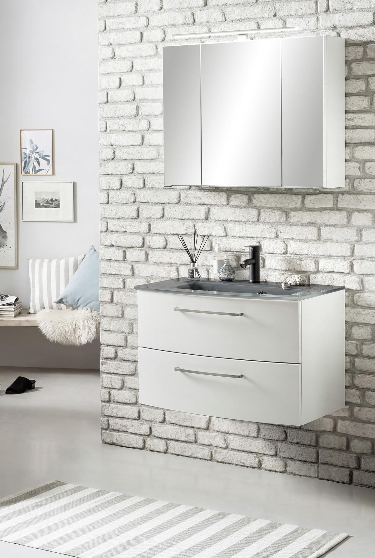 Waschbecken mit Unterschrank Stockholm B: 80cm Weiß/Grau - Weiß/Grau, KONVENTIONELL, Glas/Holzwerkstoff (80cm) - Held