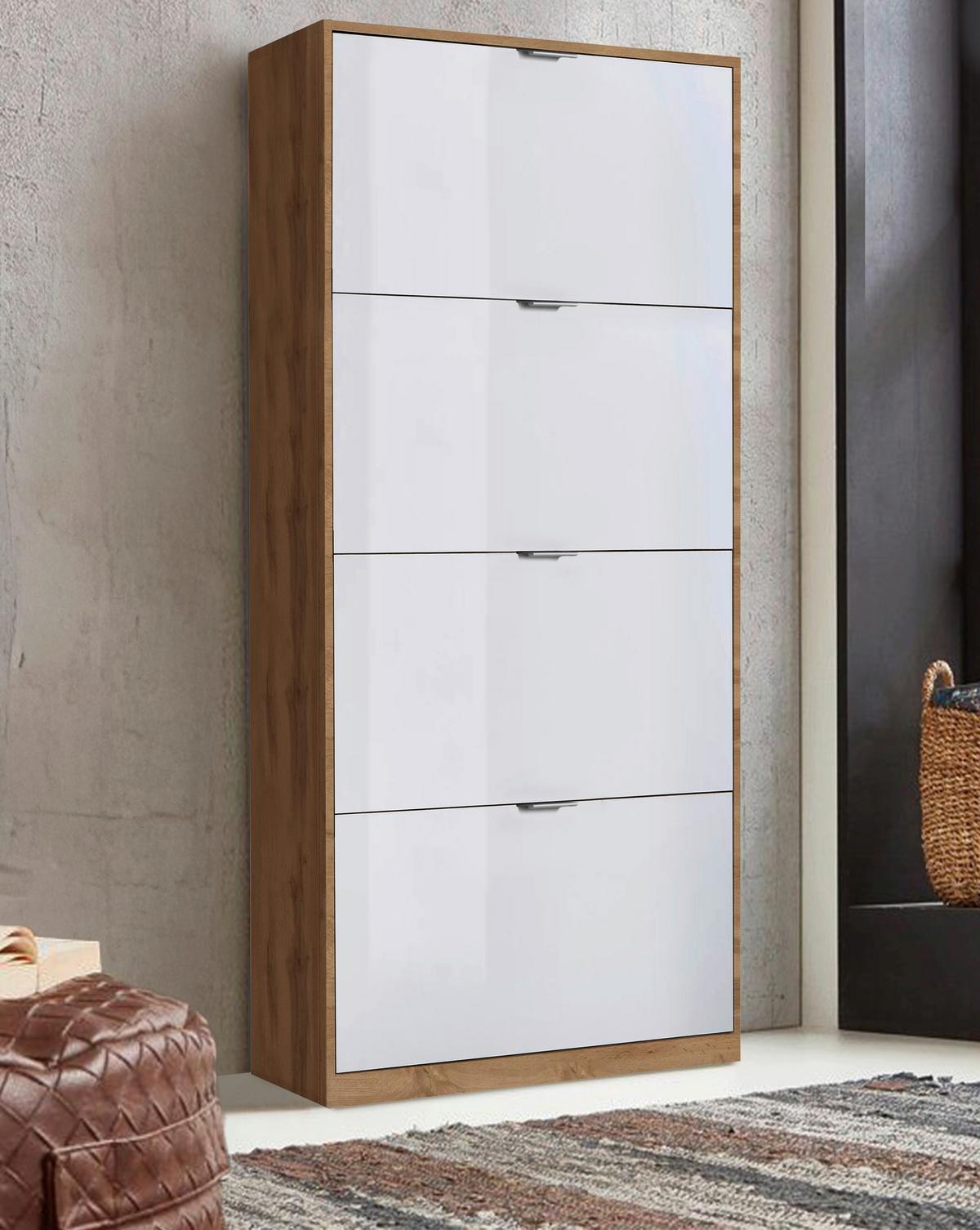 Cipősszekrény Yoro 4 64/157,4cm - Wotan tölgy/magasfényű fehér, Konventionell, faalapú anyag (64/157,4/19cm)