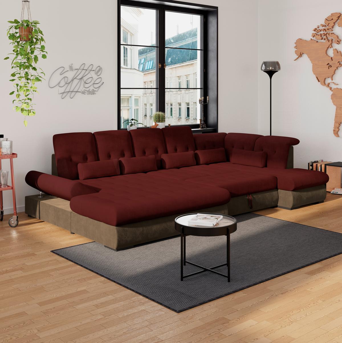 Wohnlandschaft Madera Rubinrot, S: 358x212 Cm - Hellbraun/Rot, KONVENTIONELL, Kunststoff/Textil (190/358/212cm)