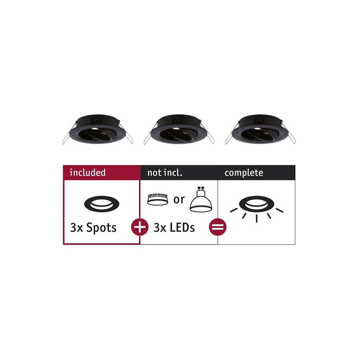 Deckenleuchte 3er-Set Ø 8,4 cm 3-Flammig - Schwarz/Alufarben, Basics, Metall (8,4cm) - Paulmann