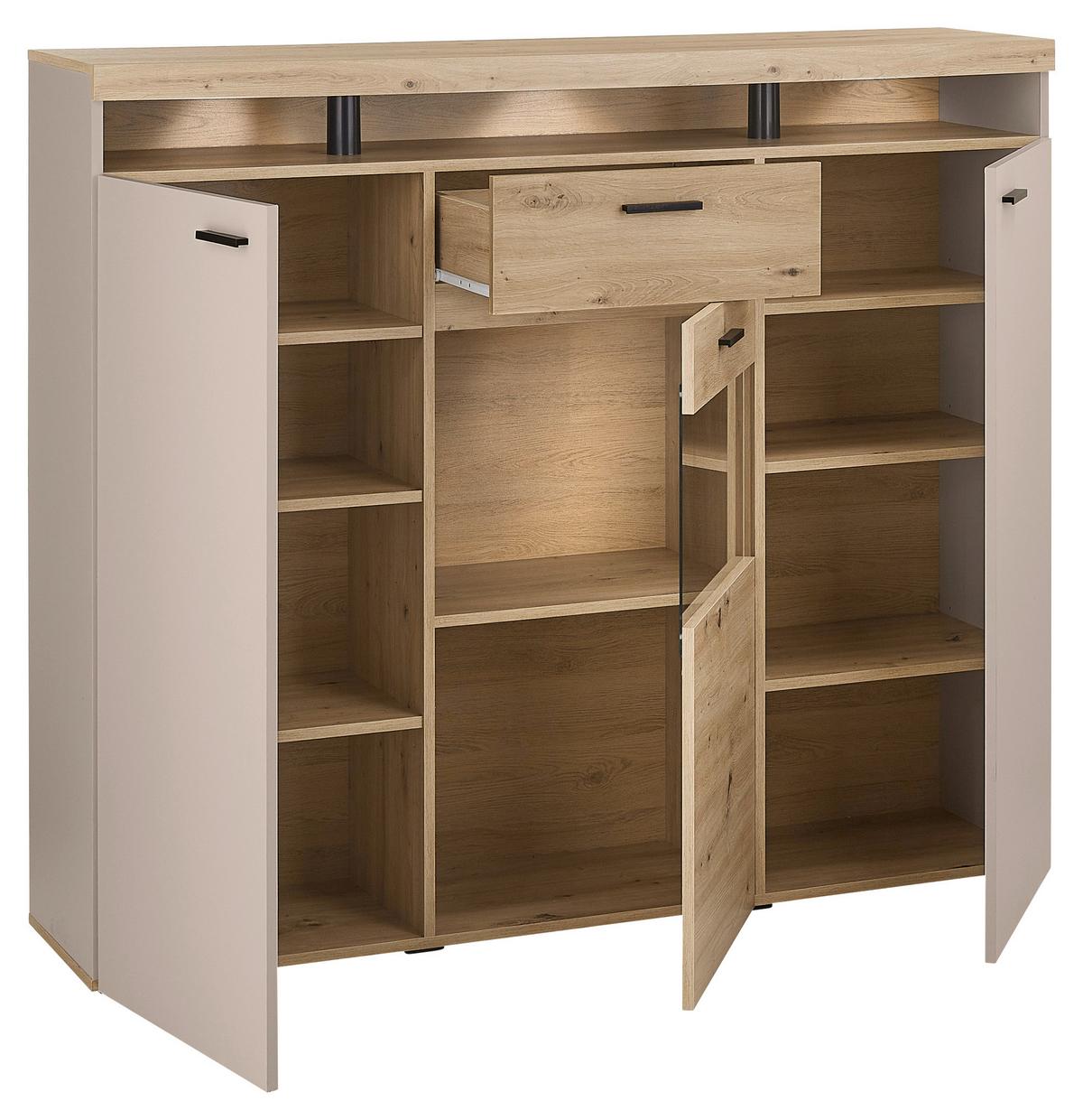 Highboard Strada Giga *ph* Eiche Artisan/Kashmir, B:151cm - Kaschmir/Schwarz, Trend, Glas/Holzwerkstoff (151/129/37cm)
