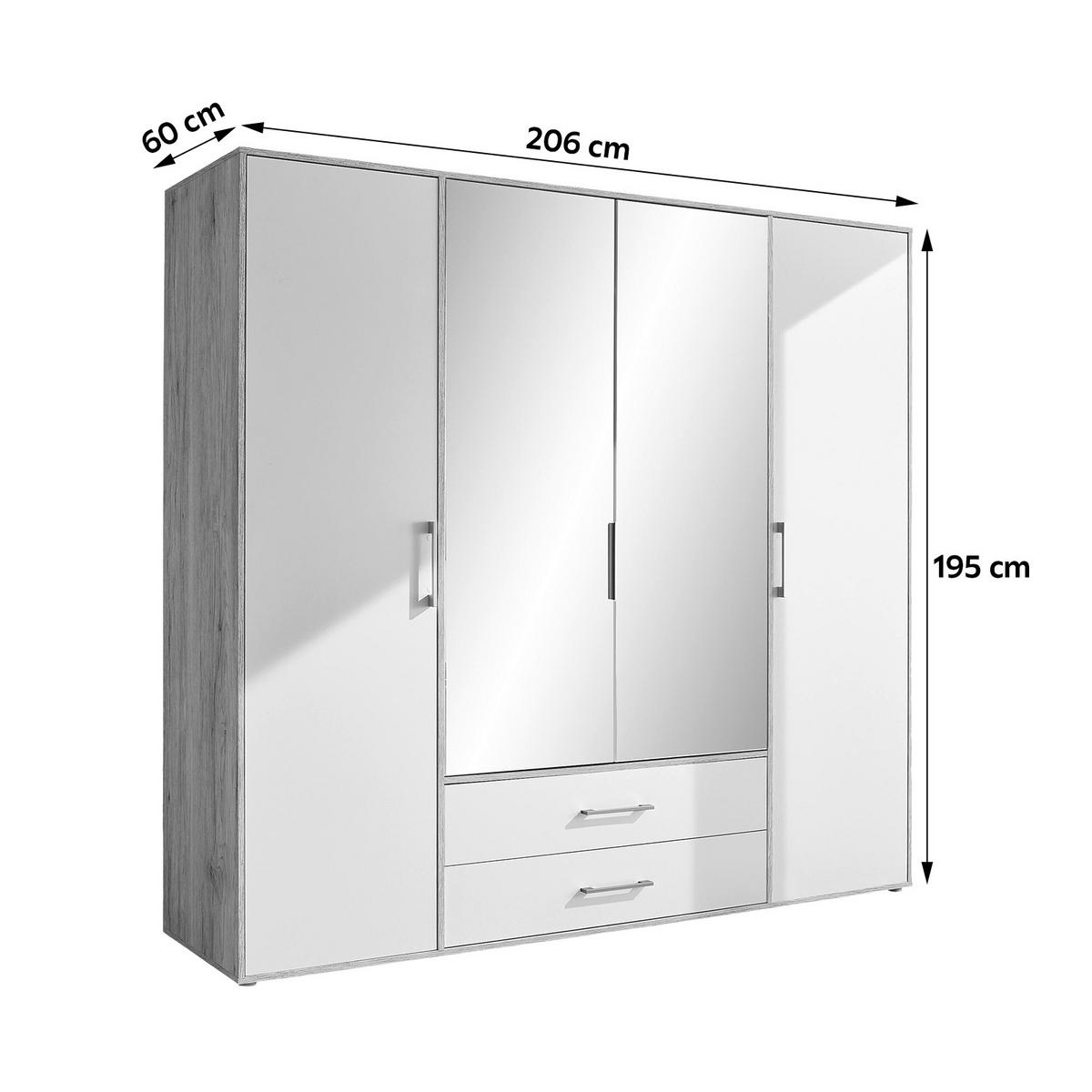 Kleiderschrank Mit Spiegel 4trg Lembo San Remo/weiß B: 206 Cm - Alufarben/Weiß, KONVENTIONELL, Glas/Holzwerkstoff (206/195/60cm)
