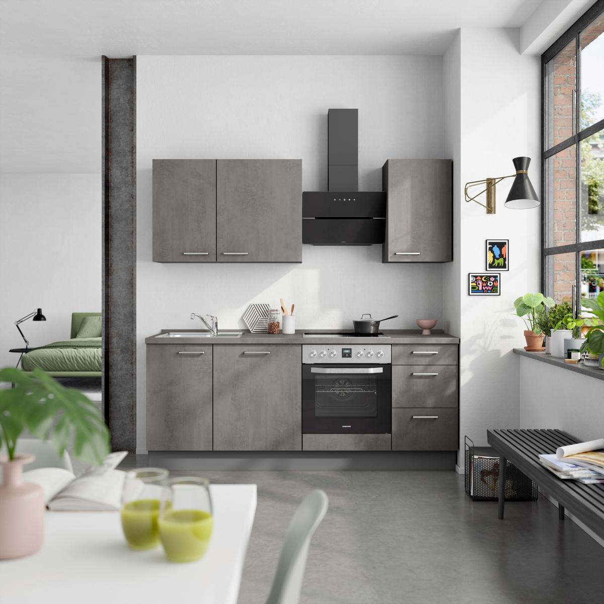 Kuchynská linka 210 cm, bridl.šedý betón/bridl.šedá - farba ušľachtilej ocele/bridlicová, Modern, kov/kompozitné drevo (210cm) - Nobilia