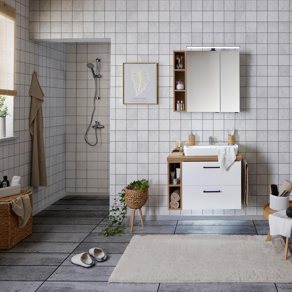 Waschbeckenunterschrank Bavelli B: 62 Cm Eiche Dekor - Weiß, KONVENTIONELL, Holzwerkstoff (62/52/44cm)