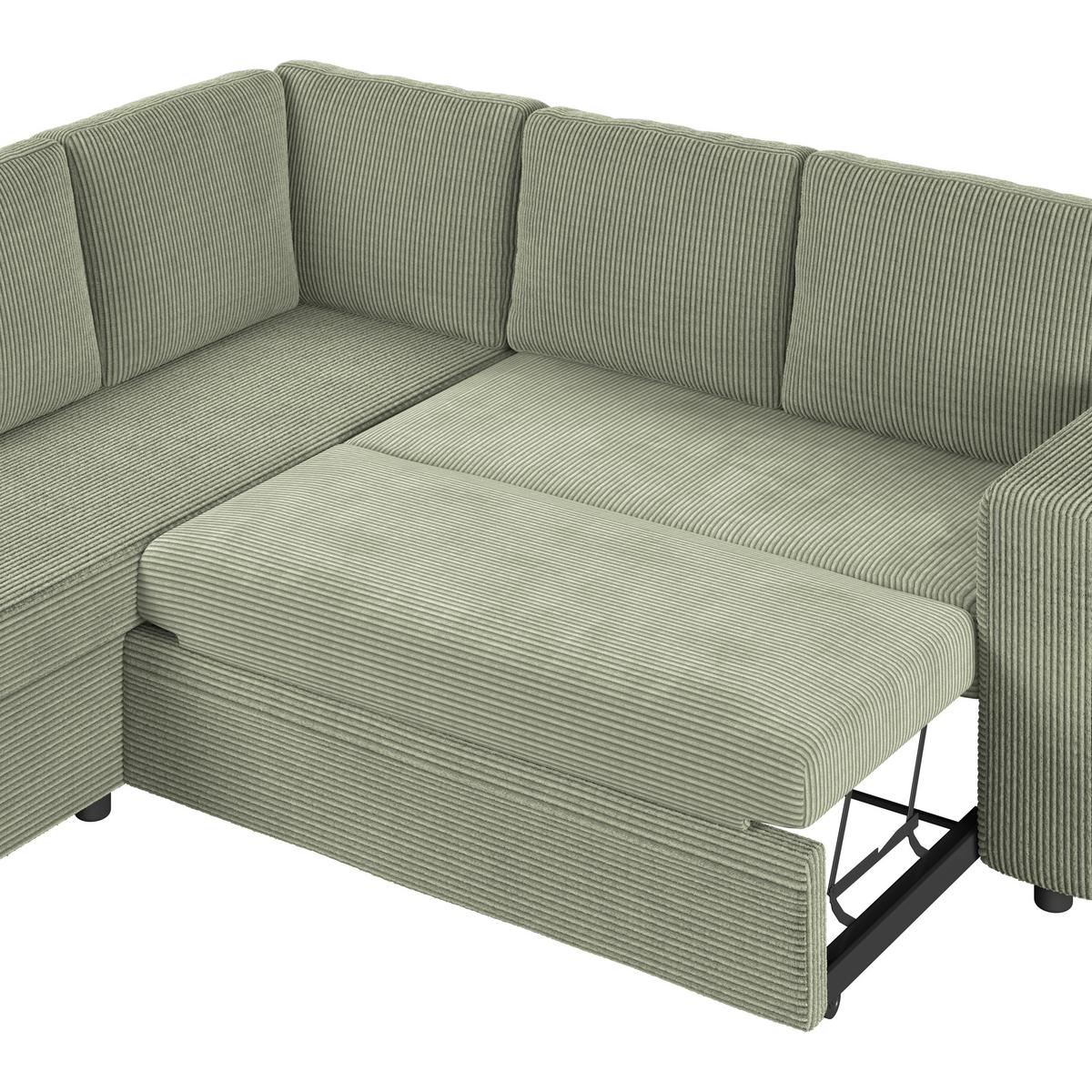 Ecksofa mit Schlaffunktion Toulouse Cord kaki, 206x224cm - Khaki/Schwarz, Trend, Holz/Textil (206/224cm)