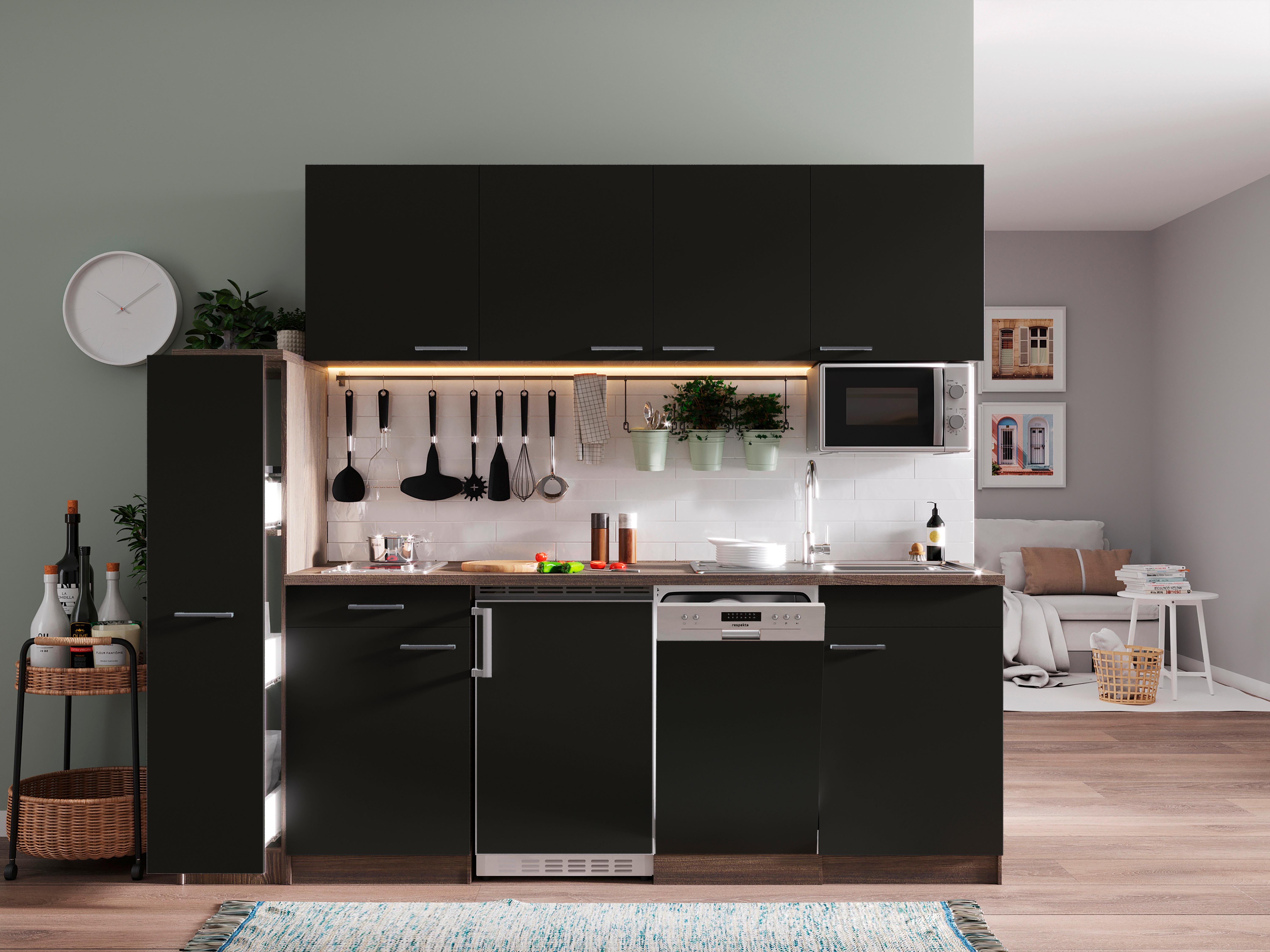 KÜCHENBLOCK OLIVER SINGLEKÜCHE 225 CM - Eichefarben/Schwarz, Basics, Holzwerkstoff (225cm) - Respekta