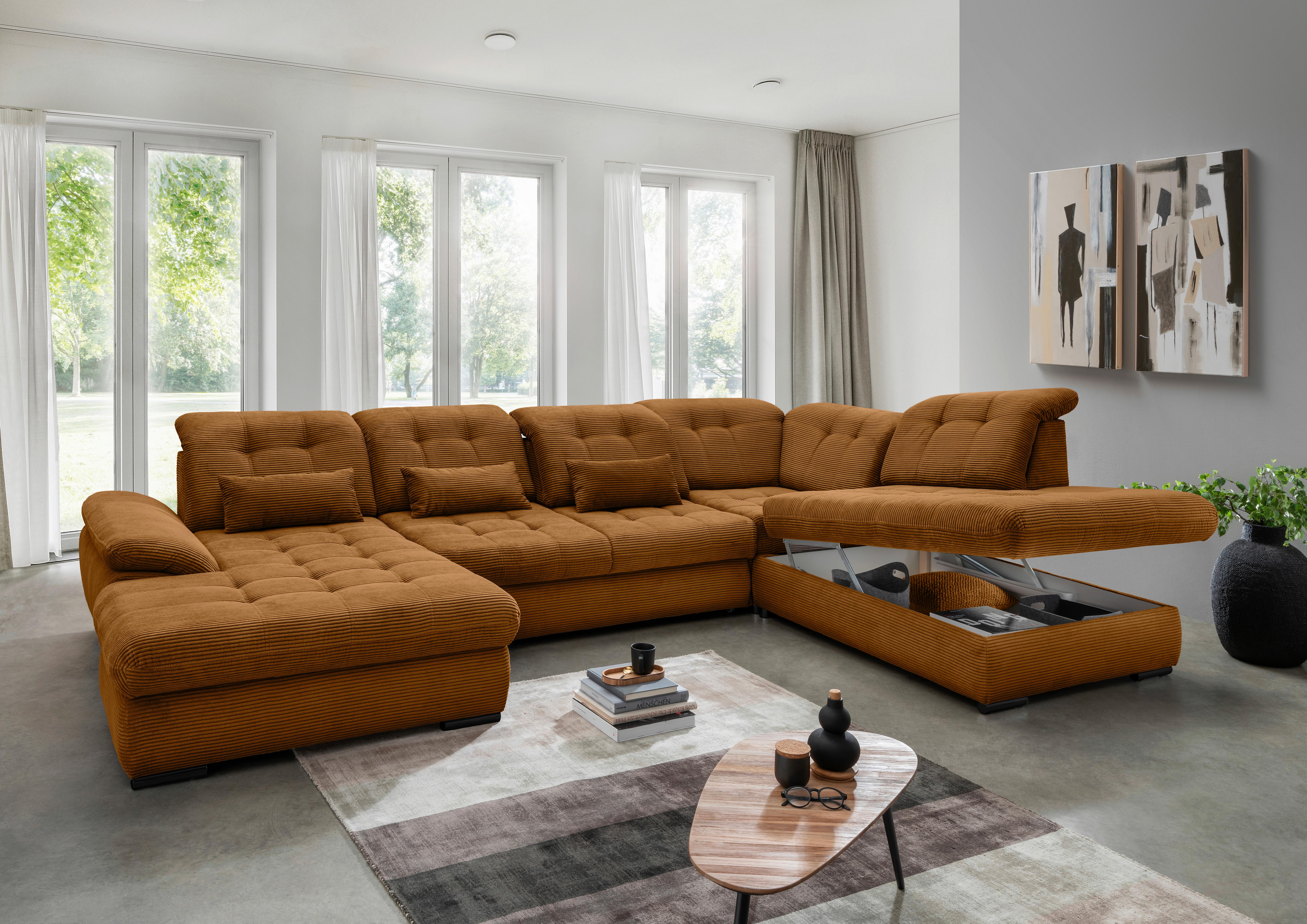 Wohnlandschaft Mit Bettkasten Rigatti Goldfarben B: 387 Cm - Goldfarben/Schwarz, MODERN, Textil (184/387/252cm) - Livetastic