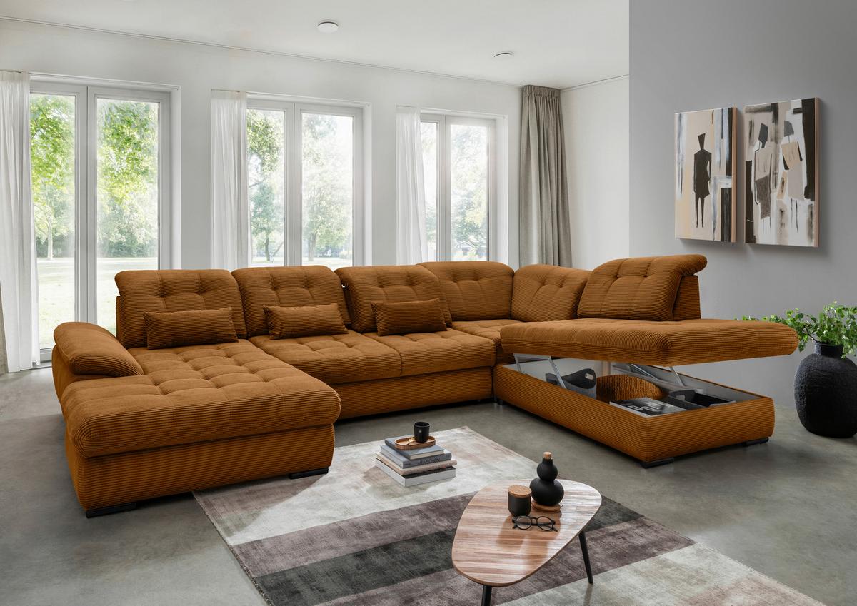 Wohnlandschaft mit Bettkasten Rigatti Goldfarben B: 387 cm - Goldfarben/Schwarz, MODERN, Textil (184/387/252cm) - Livetastic