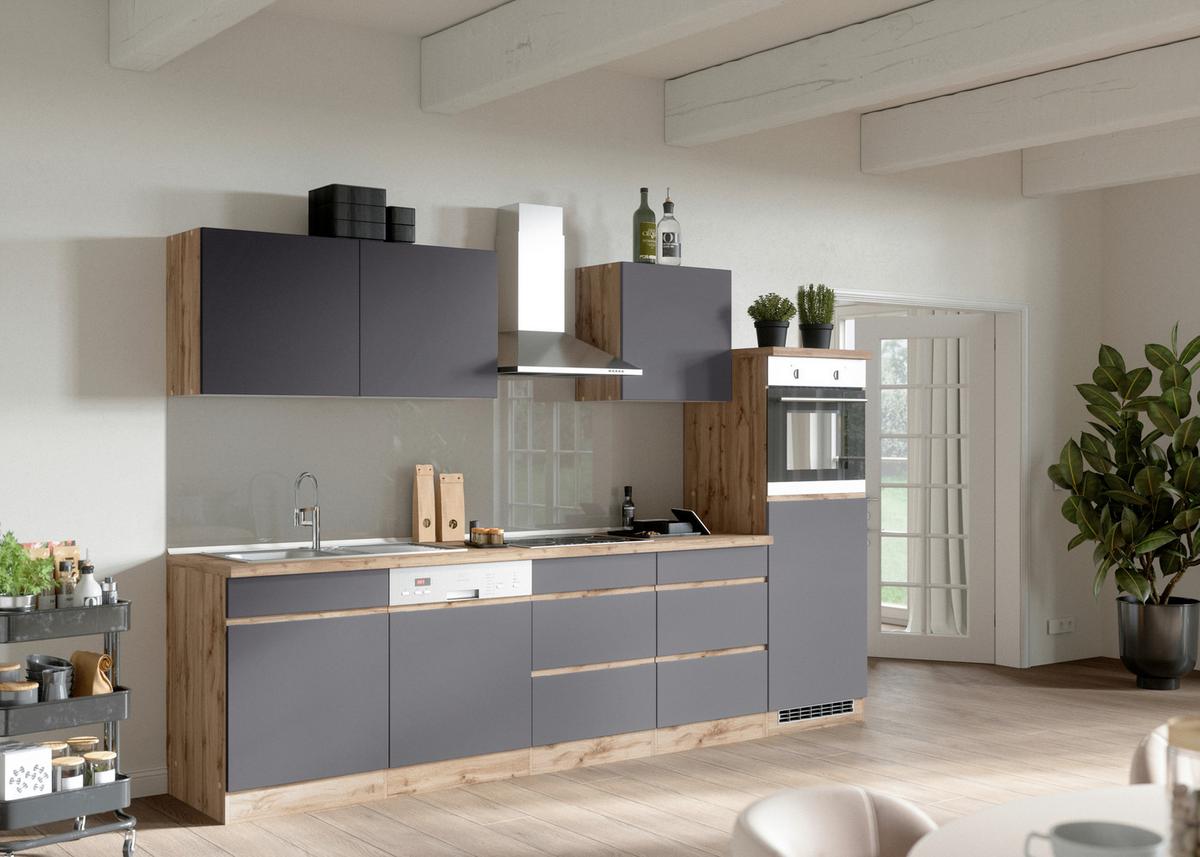 Küchenzeile Turin ohne Geräte B: 300 cm Grau/Eiche Dekor - Eiche Wotan/Grau, Design, Holzwerkstoff (300cm) - Held
