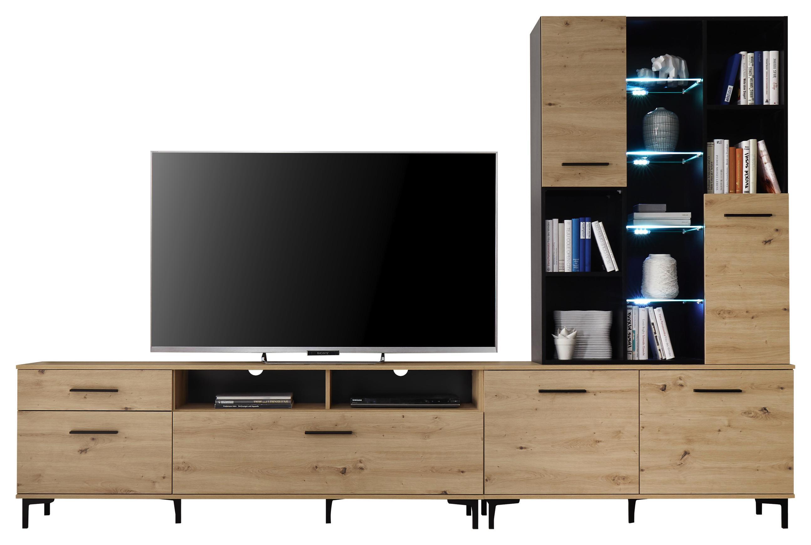 Wohnwand Modern 3 Tlg Mit Led Fly 2 Eiche Dekor Schwarz