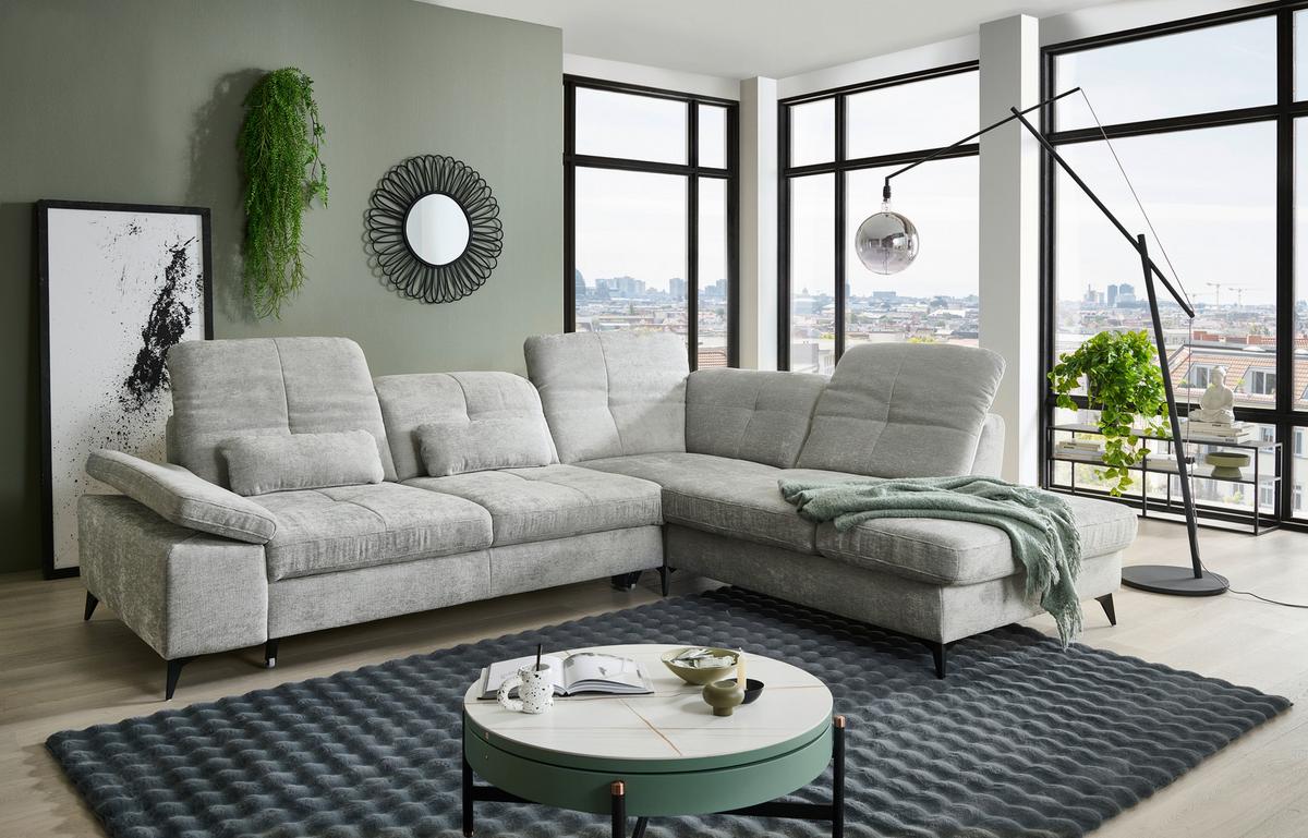 Sedačka SORENA L, pravá, sv.šedá žinylka, s funkcemi - černá/světle šedá, Moderní, kov/textil (311/255cm) - Premium Living