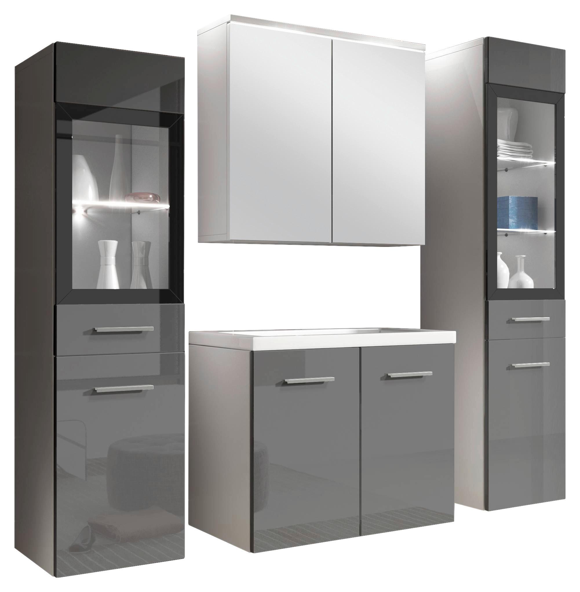 Badmöbel-Set 5-Tlg. inkl. LED Madrit Weiß/Grau Hochglanz - Weiß/Grau, Basics, Glas/Holzwerkstoff (120cm) - P & B