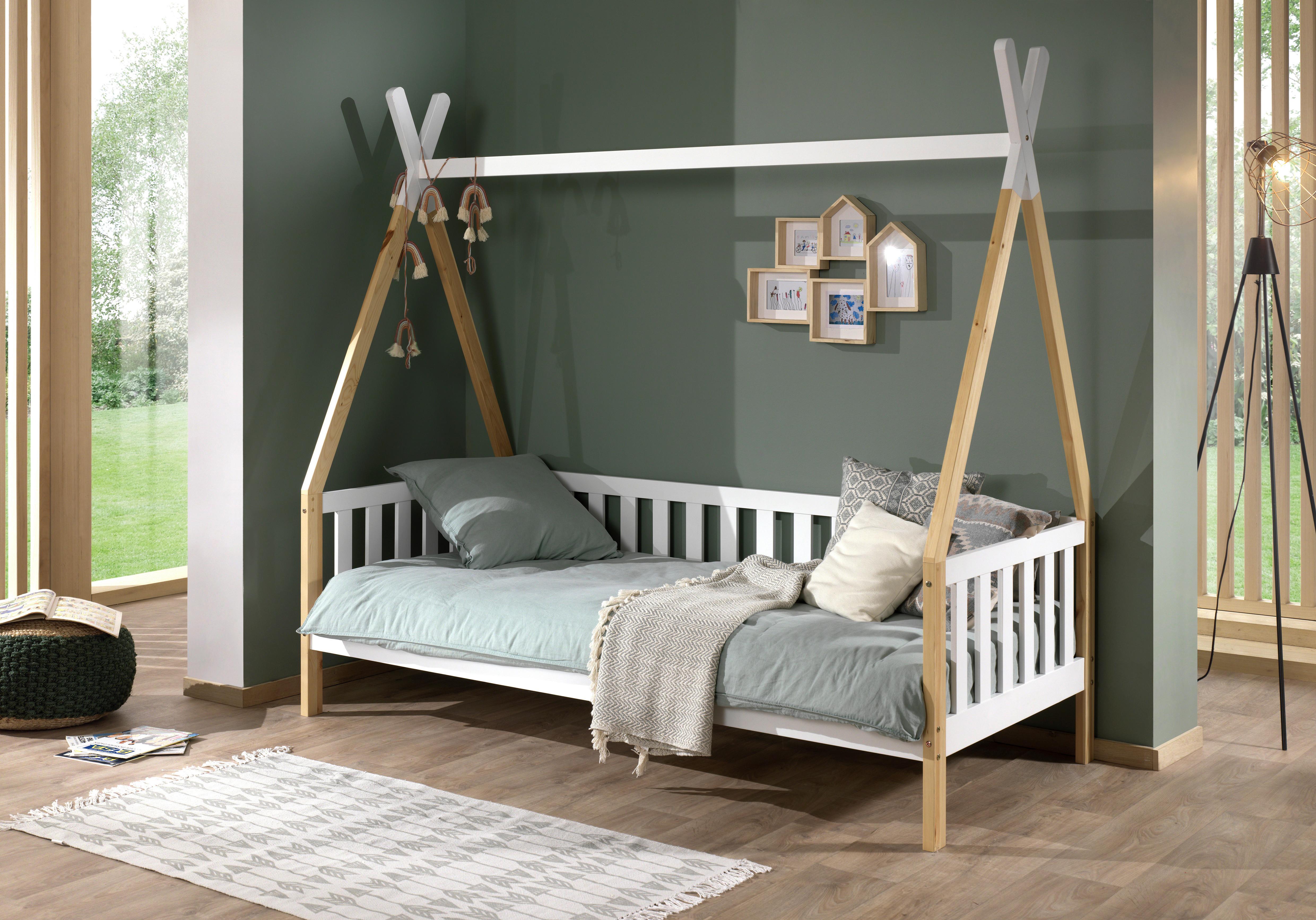 Hausbett Tipi Weiß Lackiert 90x200cm - Weiß/Kieferfarben, MODERN, Holz (90/200cm) - MID.YOU