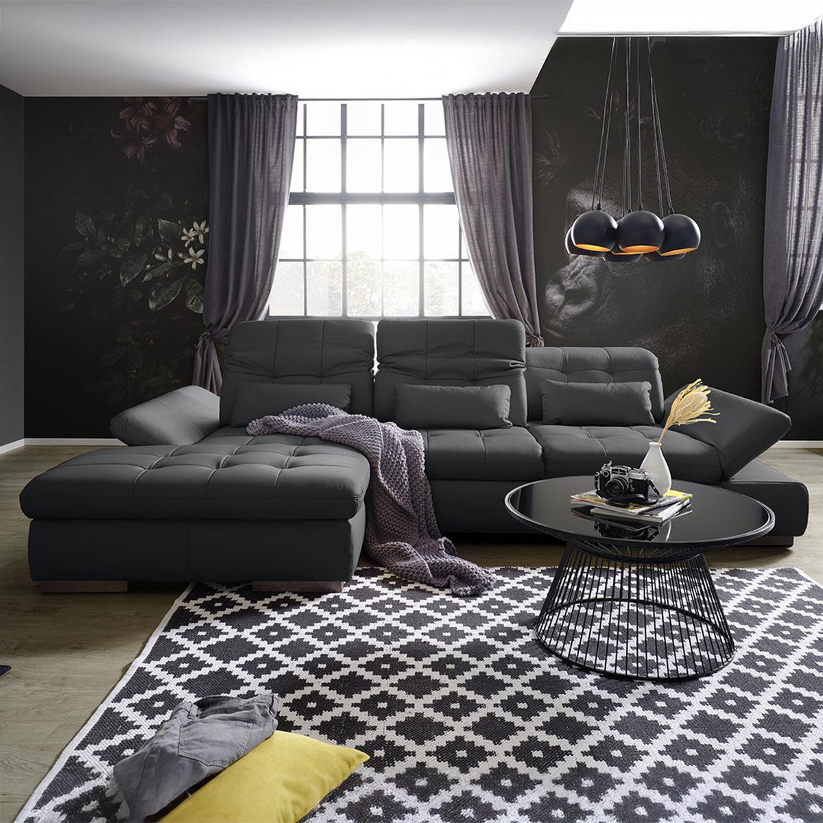 Rohová sedačka SANFINO, ľavá, čierna pravá koža - čierna/chrómová, Konventionell, kov/koža (199/79-96/305cm) - Premium Living