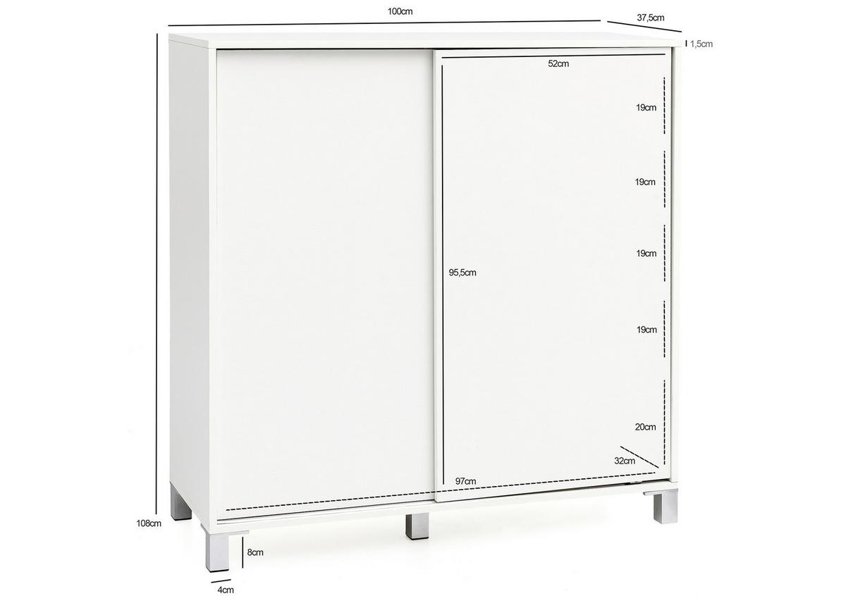 Schuhschrank Weiß 2 Schiebetüren B: 100 Cm - Silberfarben/Weiß, KONVENTIONELL, Holzwerkstoff (100/108/37,5cm) - MID.YOU