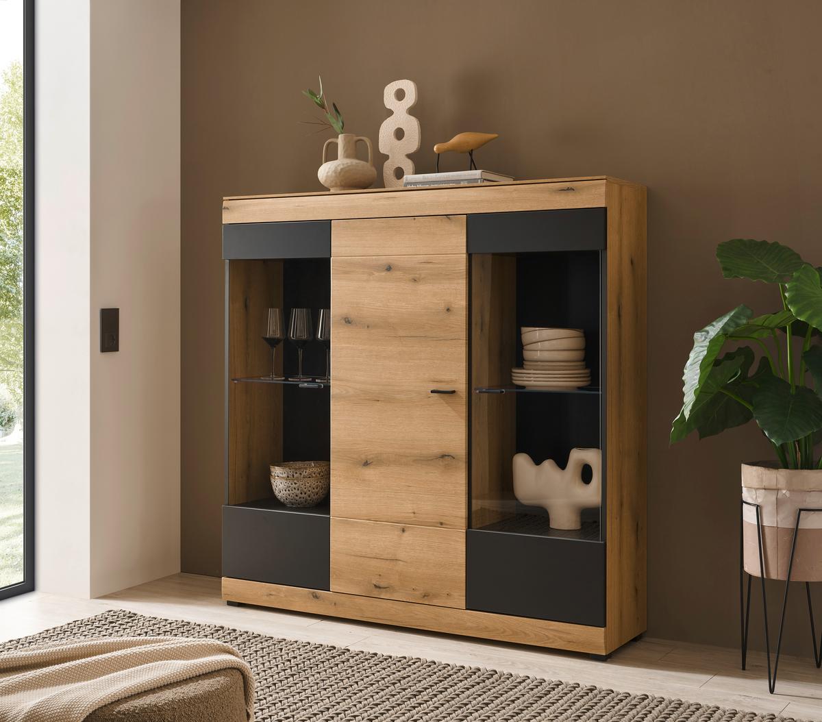 Highboard Soleto Graphit-/Eichefarben B: 140cm - Eichefarben/Schwarz, Design, Glas/Holzwerkstoff (140/141/35cm) - MID.YOU