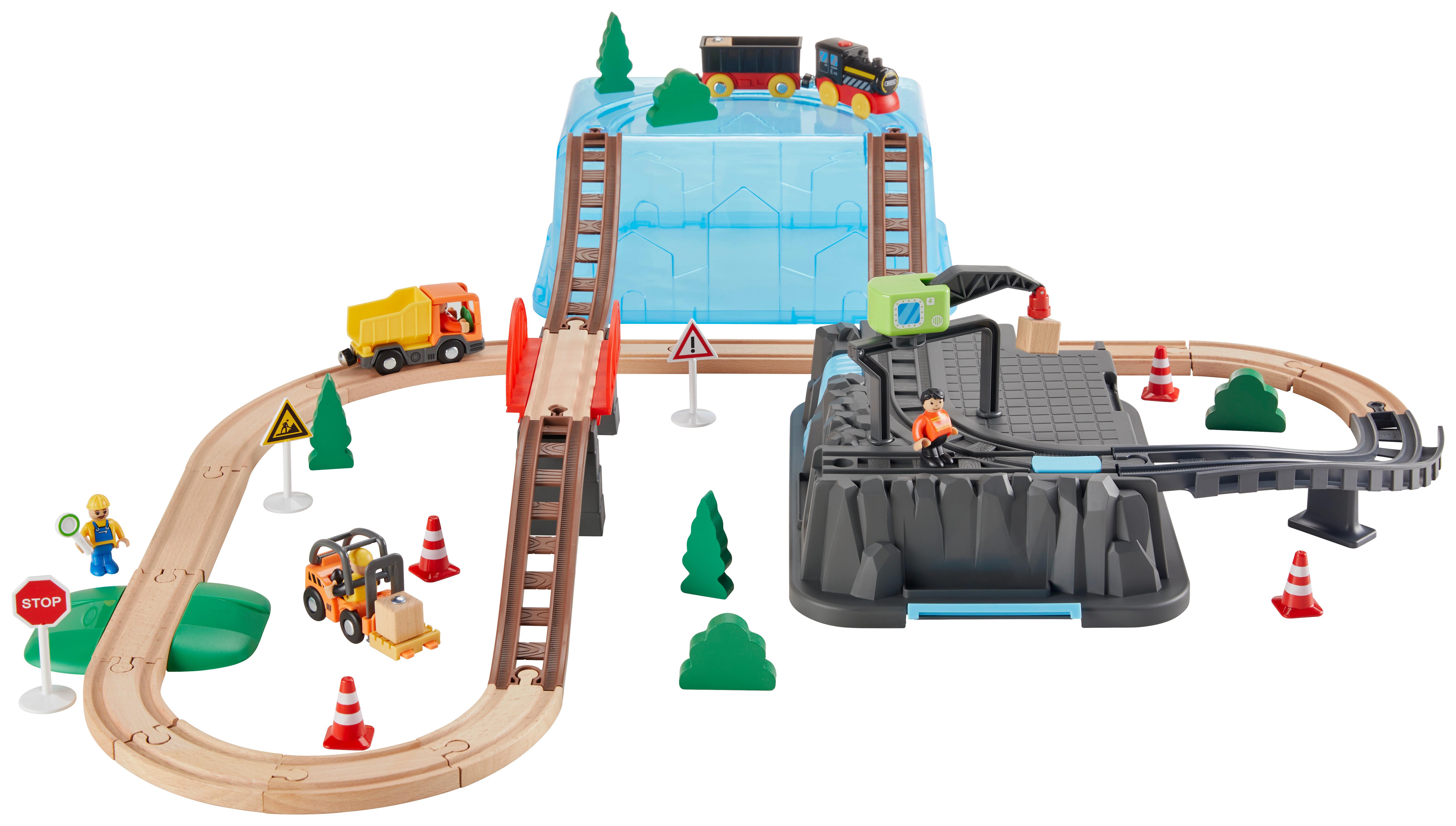 Holz Eisenbahn-set, 55-teilig, Inkl. Figuren Und Bäume + Box - Blau/Gelb, Trend, Holz/Kunststoff (85/75/15cm)