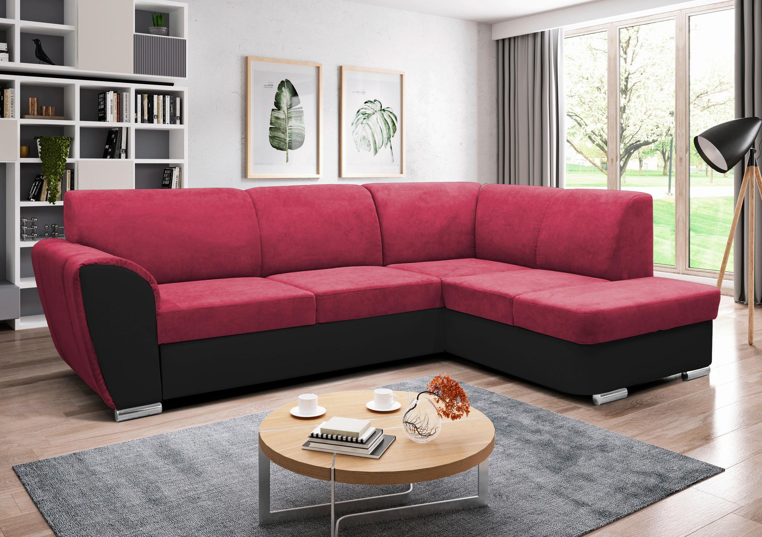 Ecksofa Mit Bettkasten Doris Rücken Echt Rot/schwarz - Silberfarben/Rot, Design, Textil (255/196cm) - MID.YOU