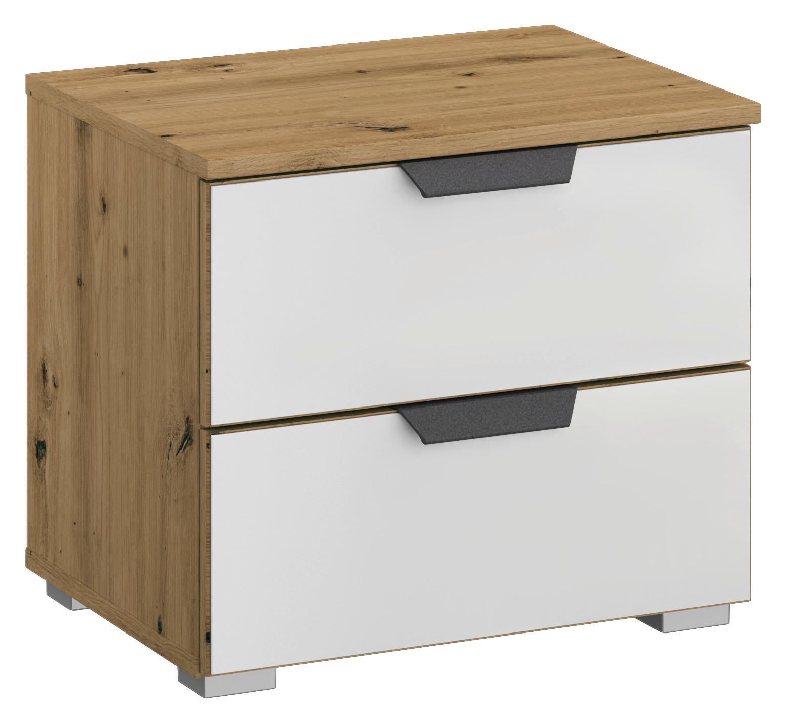 Nachtkästchen Artemis Eiche Dekor/Weiß, H: 43cm - Alufarben/Weiß, MODERN, Glas/Holzwerkstoff (47/43/42cm) - Rauch Möbel