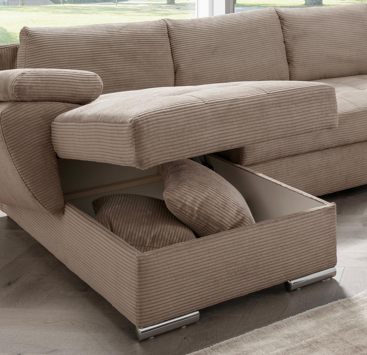 Wohnlandschaft Terana mit Schlaffunktion, Goldbraun - Chromfarben/Graubraun, KONVENTIONELL, Textil (157/305/219cm) - Livetastic