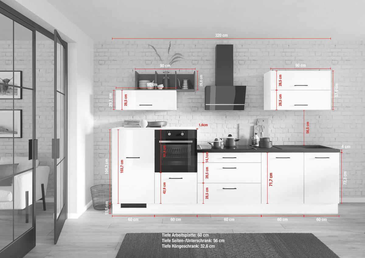 Küchenleerblock Ip4050 - Weiß Hochglanz/Schwarz, Design, Holzwerkstoff (320cm) - Impuls
