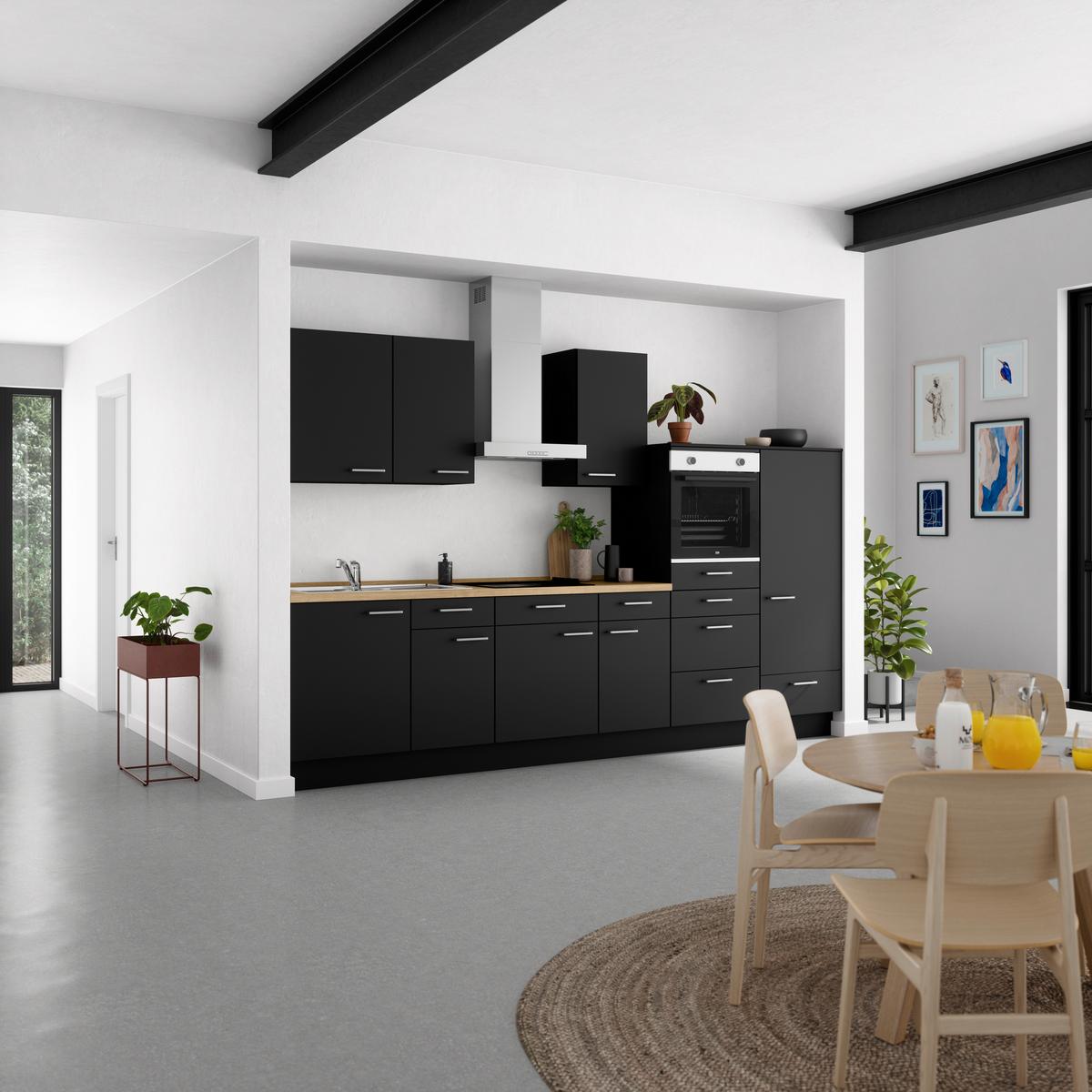 Kuchyňská linka 330 cm, černá matná - černá/barvy dubu, Moderní, kov/kompozitní dřevo (330cm) - Nobilia