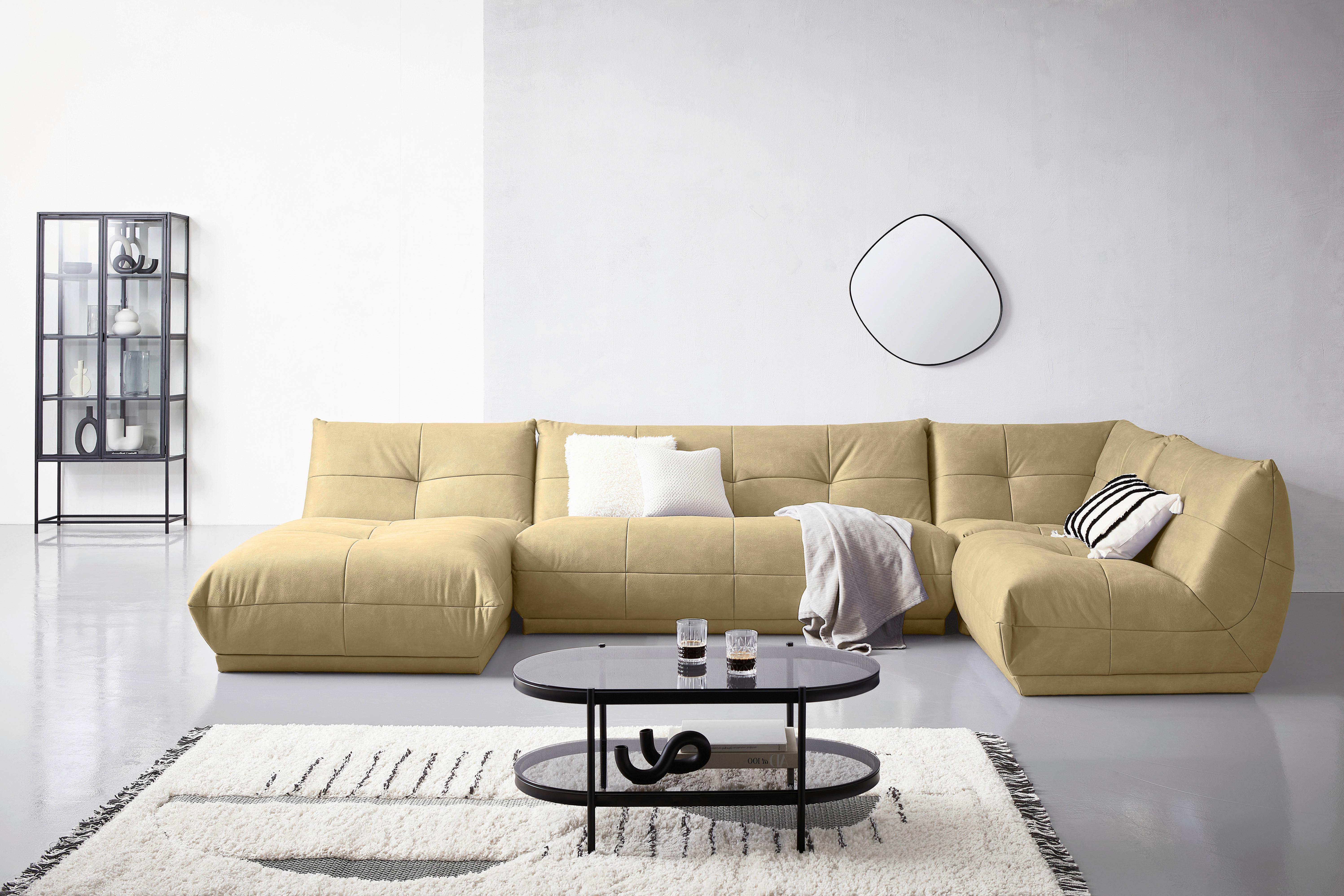 Wohnlandschaft Giselle Beige Lederlook - Beige, Trend, Textil (185/390/210cm) - Livetastic