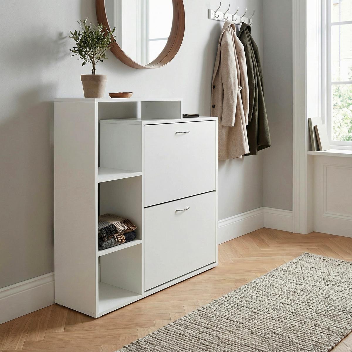 Výklopná skrinka na topánky - biela/strieborná, Design, kov/kompozitné drevo (85/93/24cm) - Livetastic