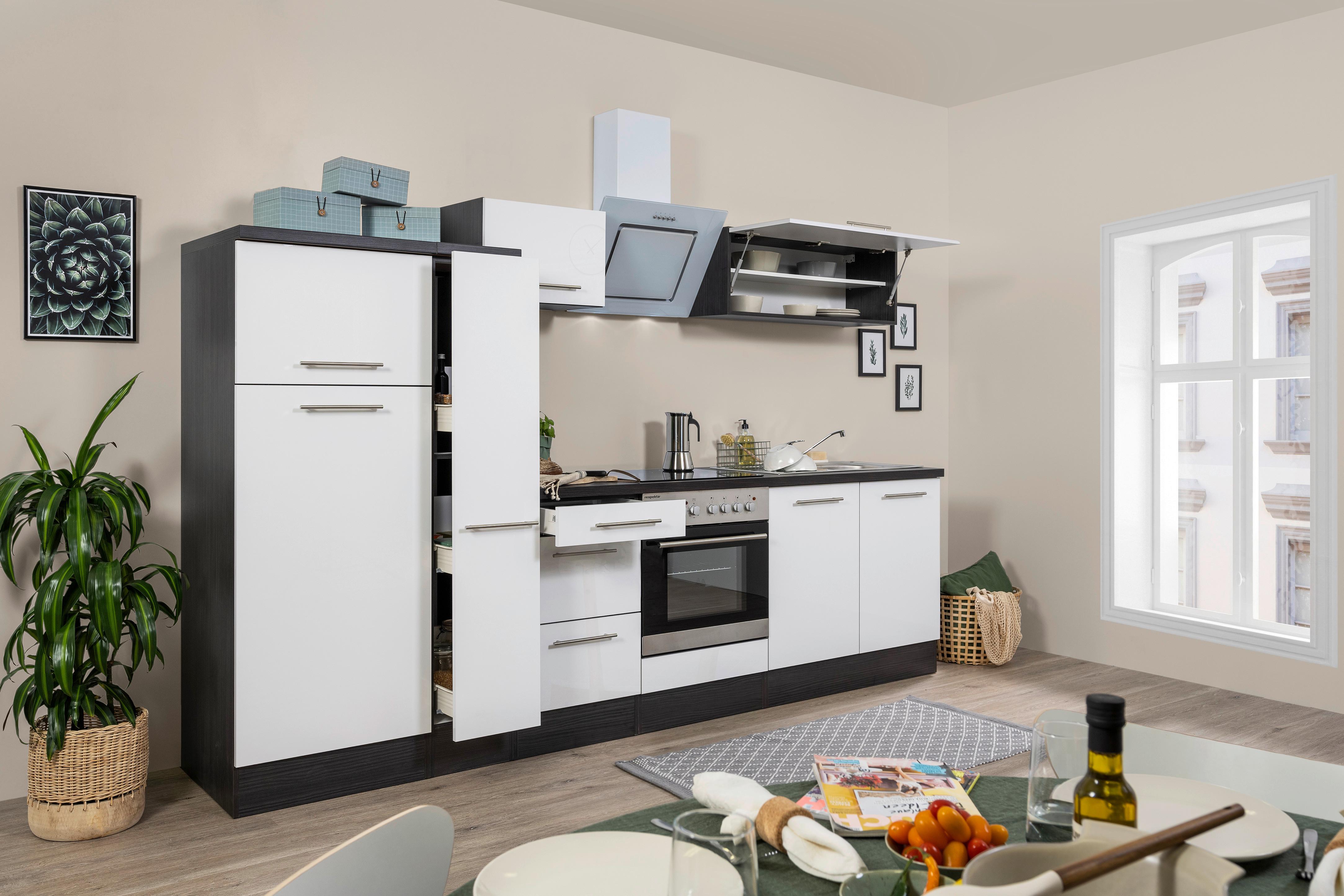 Küchenzeile mit Geräten 300 cm Weiß/Grau - Eichefarben/Weiß, Basics, Holzwerkstoff (300cm) - Respekta
