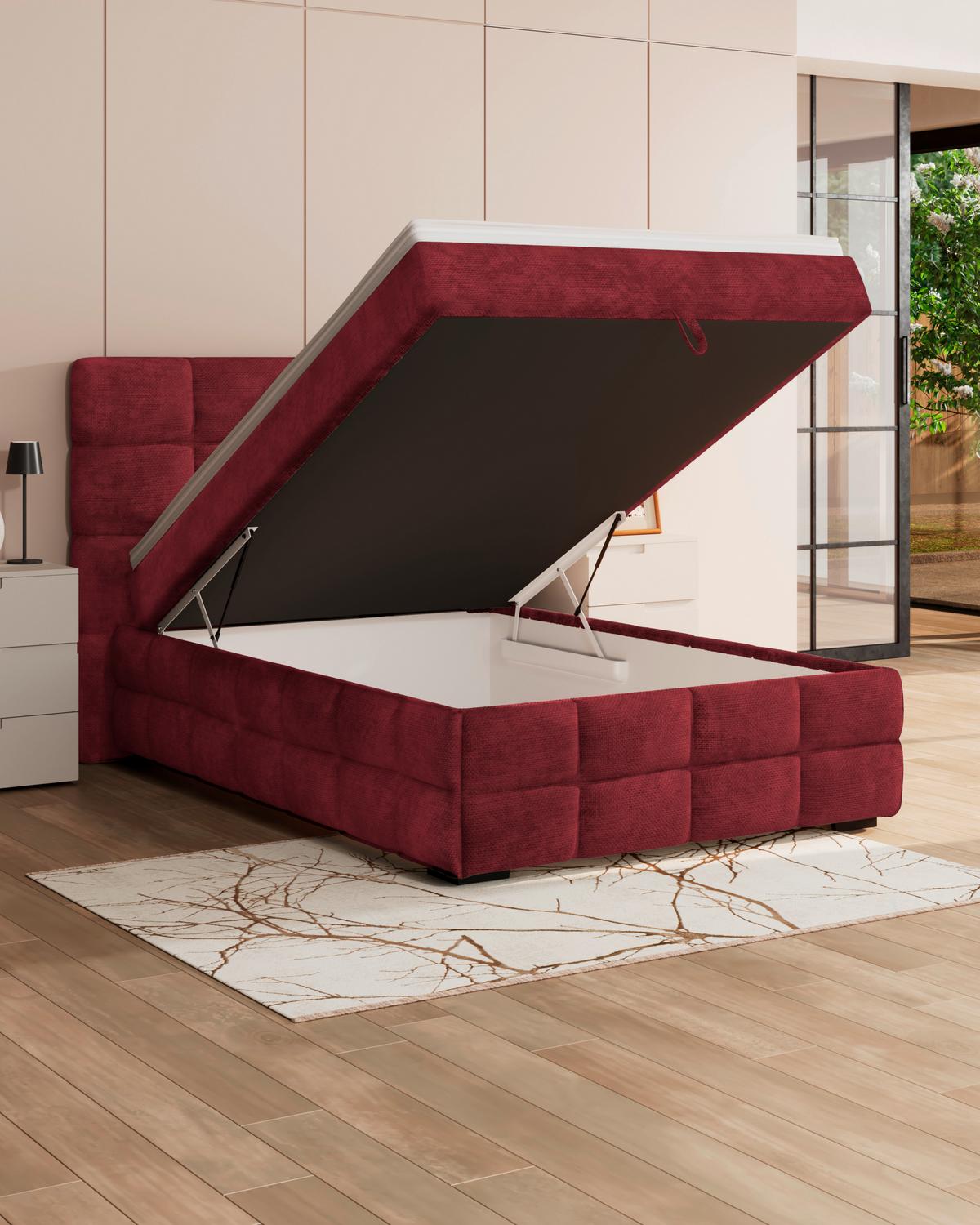 Čalúnená posteľ VEGA 140x200 cm, vinovočervená - čierna/vínovočervená, Trend, drevo/textil (140/200cm)