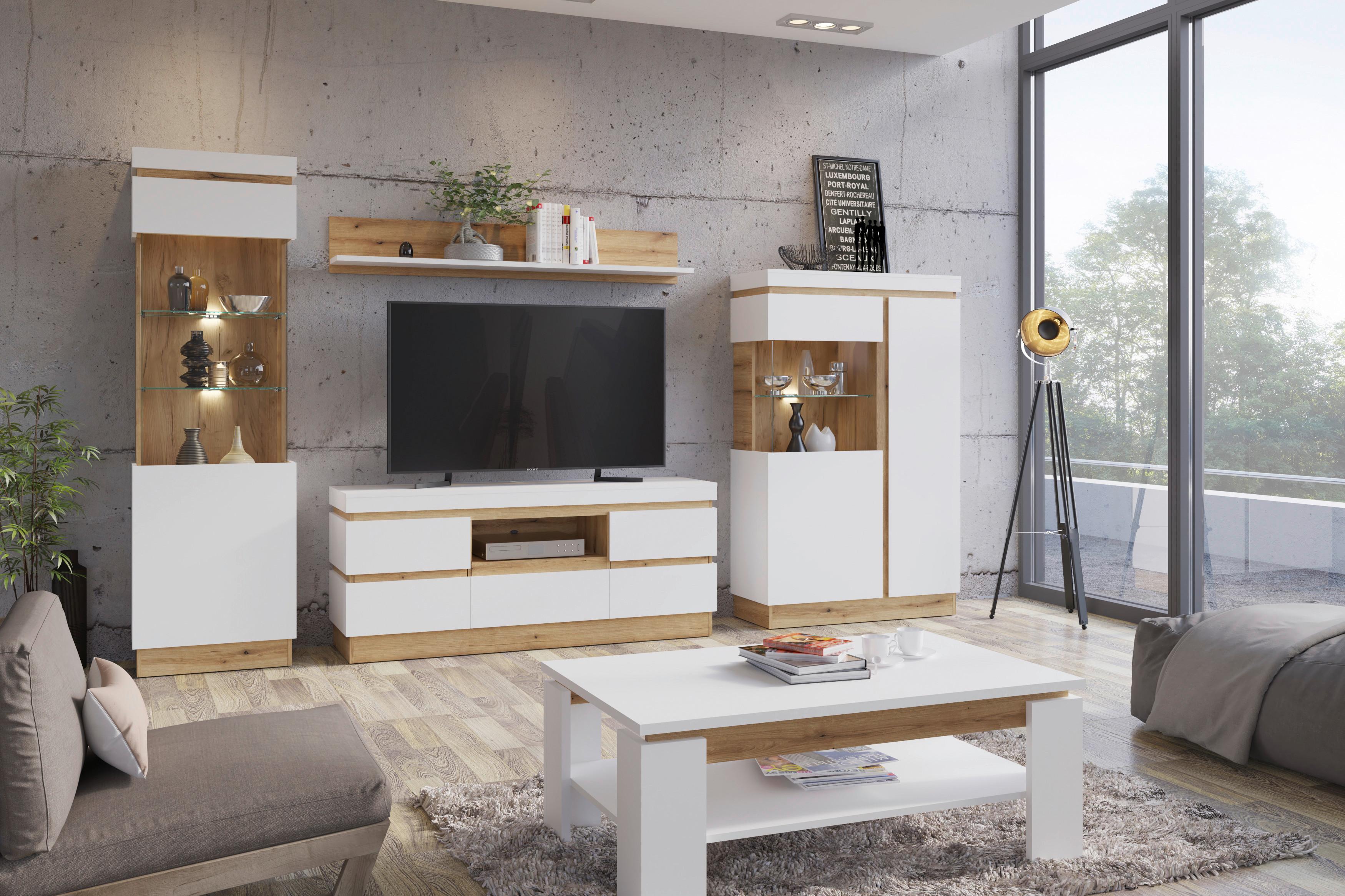 Stapelprogramm Calabria Weiß/Eiche Dekor B: 324,5 cm - Eichefarben/Weiß, Trend, Glas/Holzwerkstoff (324,5/200,5/40cm)