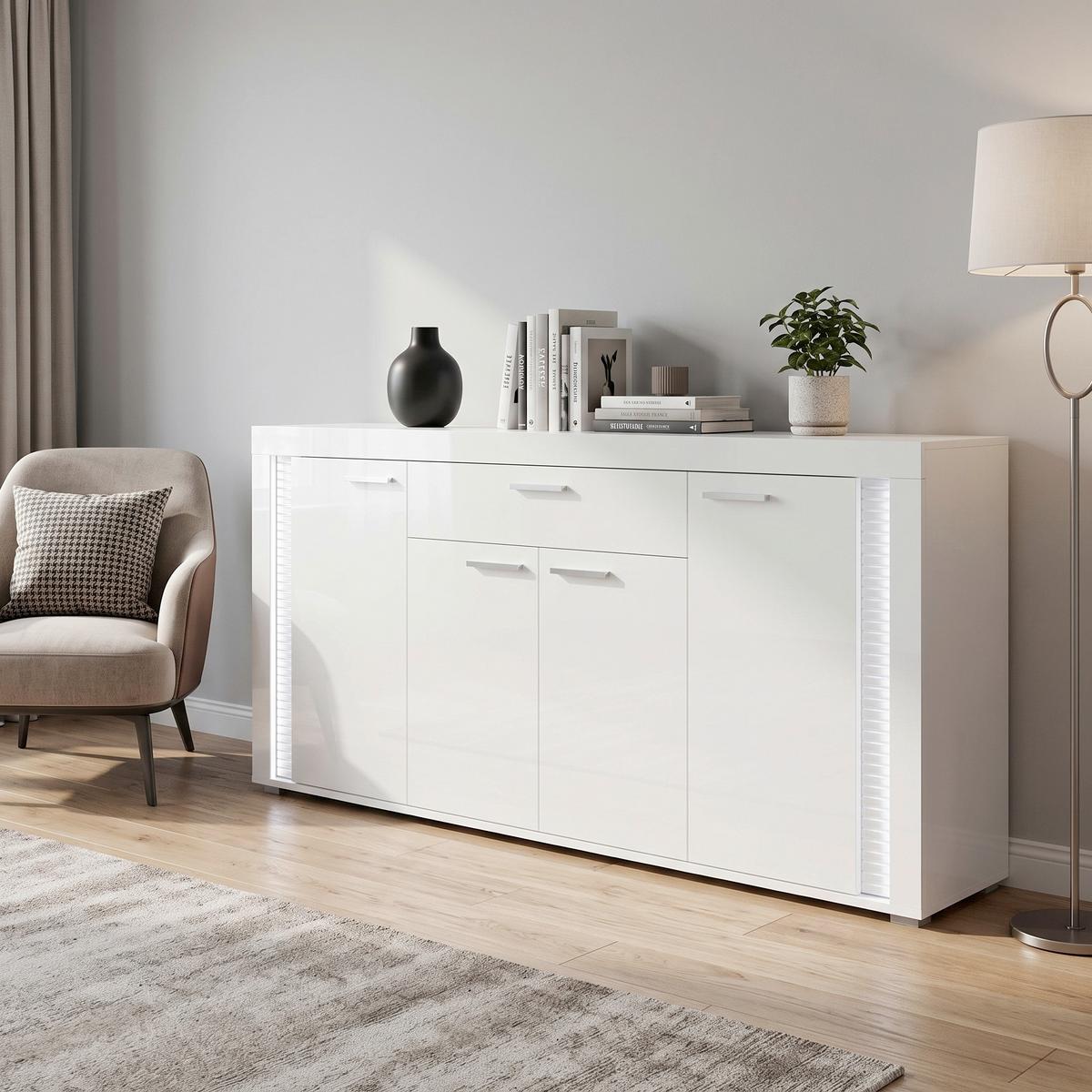 Široká komoda, š: 182 cm - biela/biela s vysokým leskom, Design, kompozitné drevo/plast (182/84/42cm) - MID.YOU