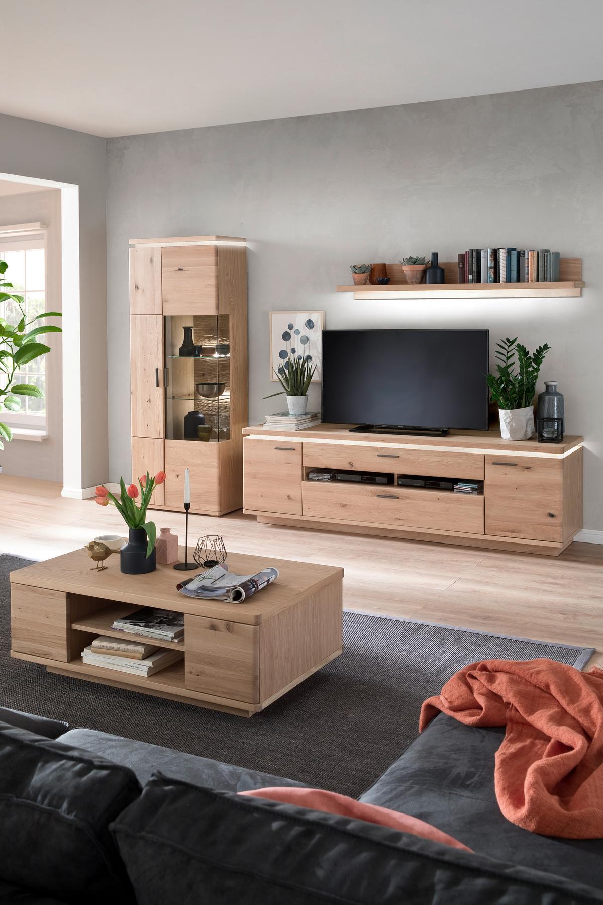 Wohnkombination teilmassiv 3--teilig. Barcelona Eichefarben - Eichefarben, Design, Glas/Holz (300/204/50cm) - Livetastic