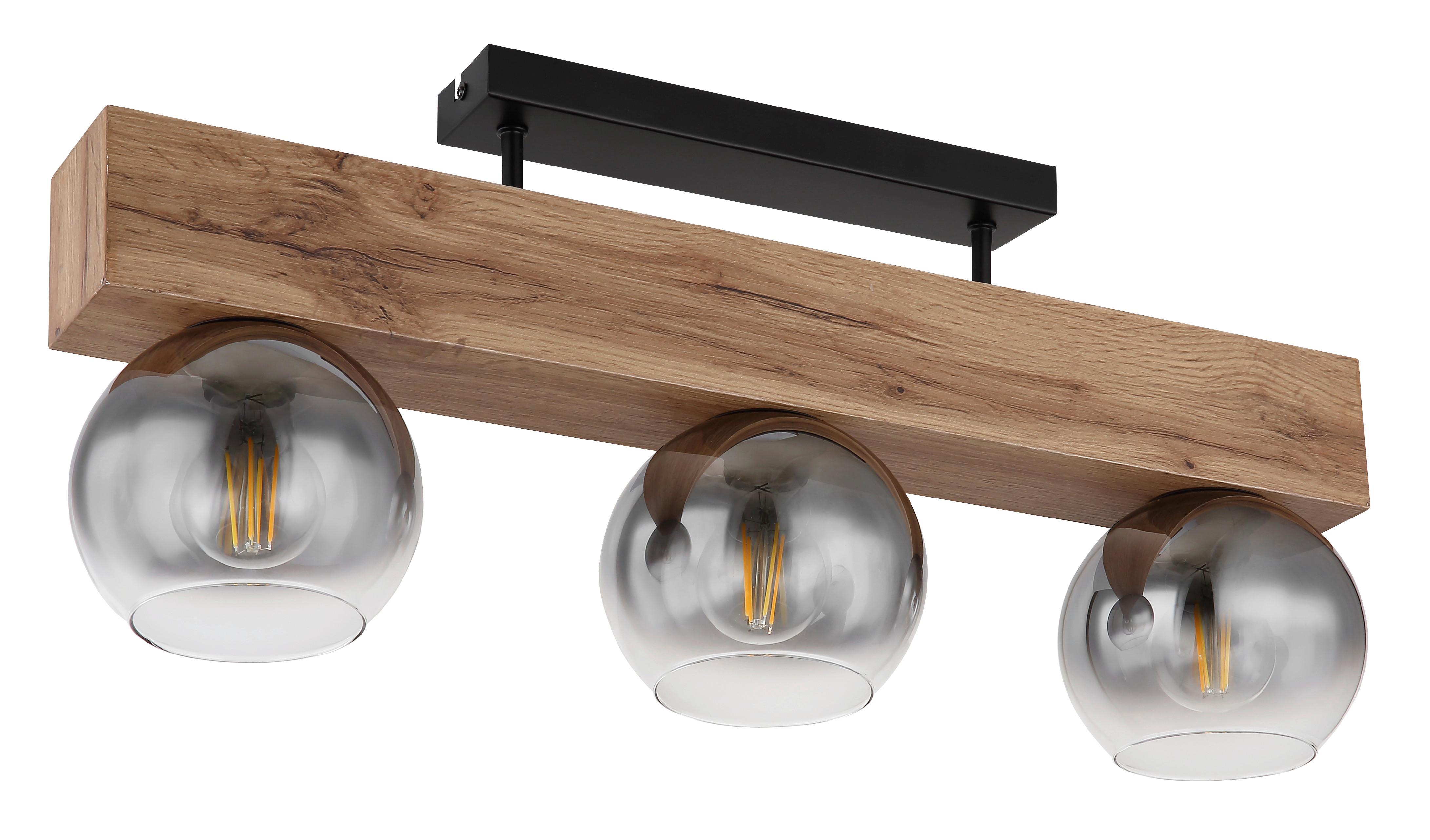 Deckenleuchte L: 65 cm 3-Flammig mit Rauchglas - Schwarz/Naturfarben, Natur, Glas/Holzwerkstoff (65/15/29,5cm) - Globo