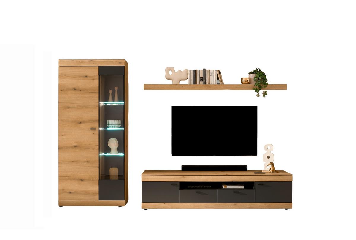 Wohnwand Soleto Graphit/Eichefarben B: 300cm - Eichefarben/Schwarz, Design, Glas/Holzwerkstoff (300/201/45cm) - MID.YOU
