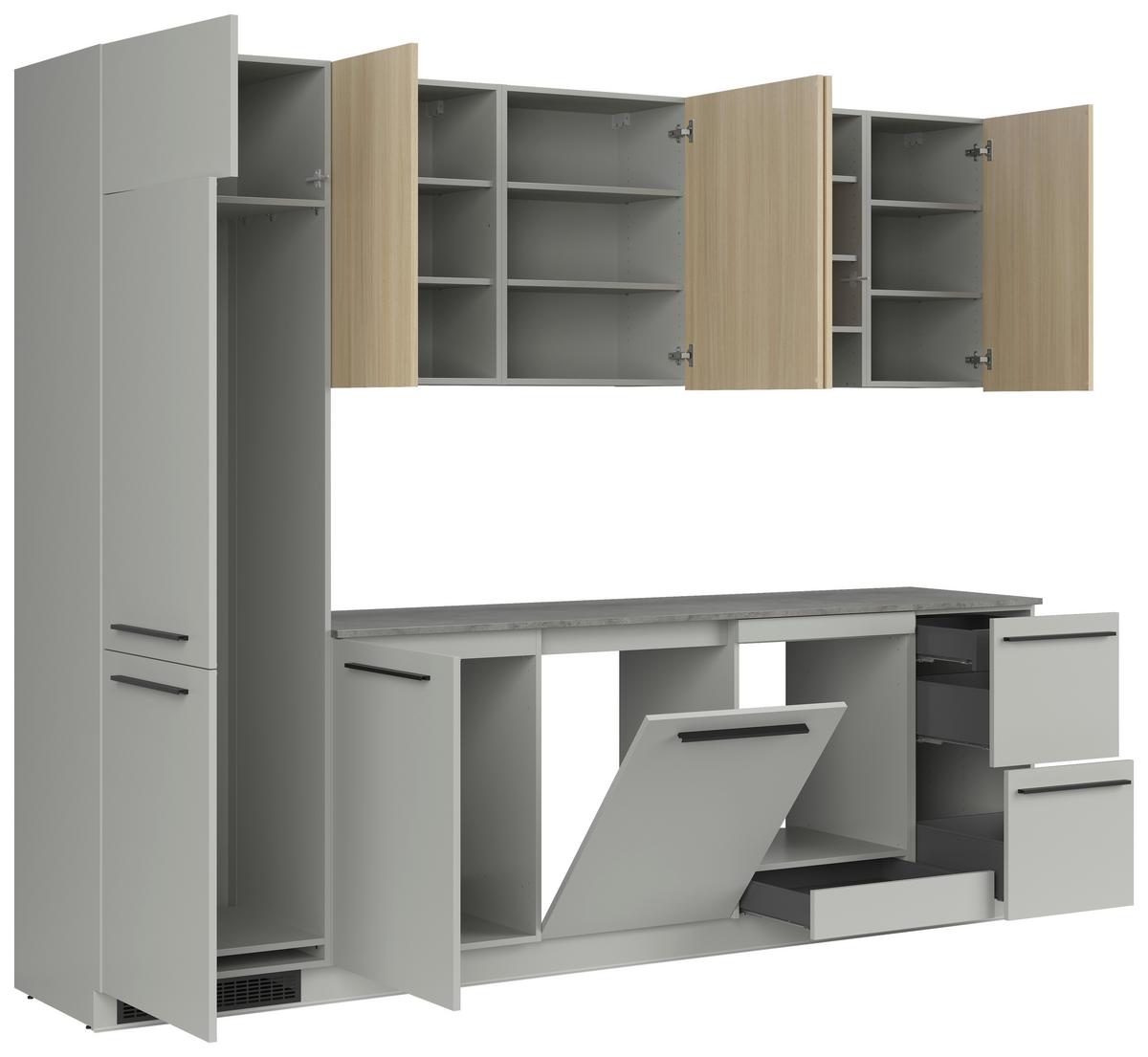 Kuchynská linka MILINO MEDIUM vrát.obkladu a LED regálu - čierna/sivá, Basics, kompozitné drevo/plast (285cm) - Visiona