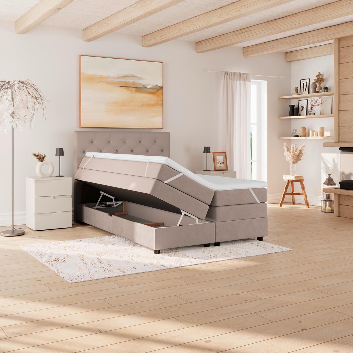 Boxspringbett Elio Beige 140x200 cm H2 - Beige/Schwarz, ROMANTIK / LANDHAUS, Textil (144/121/212cm) - James Wood