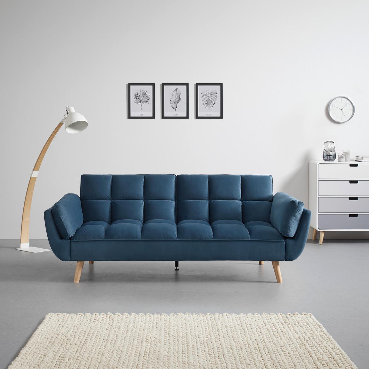 Rozkladacia pohovka CORA, modrý zamat, max. 360 kg - modrá/prírodná farba, Modern, drevo/textil (214/92/81cm) - Bessagi Home
