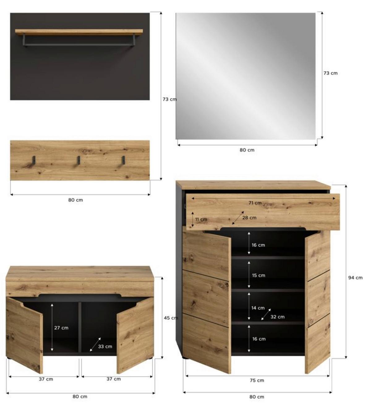 Garderobe Canu Eiche Artisan B: 175 cm - KONVENTIONELL, Glas/Holzwerkstoff (175/190/37cm) - MID.YOU
