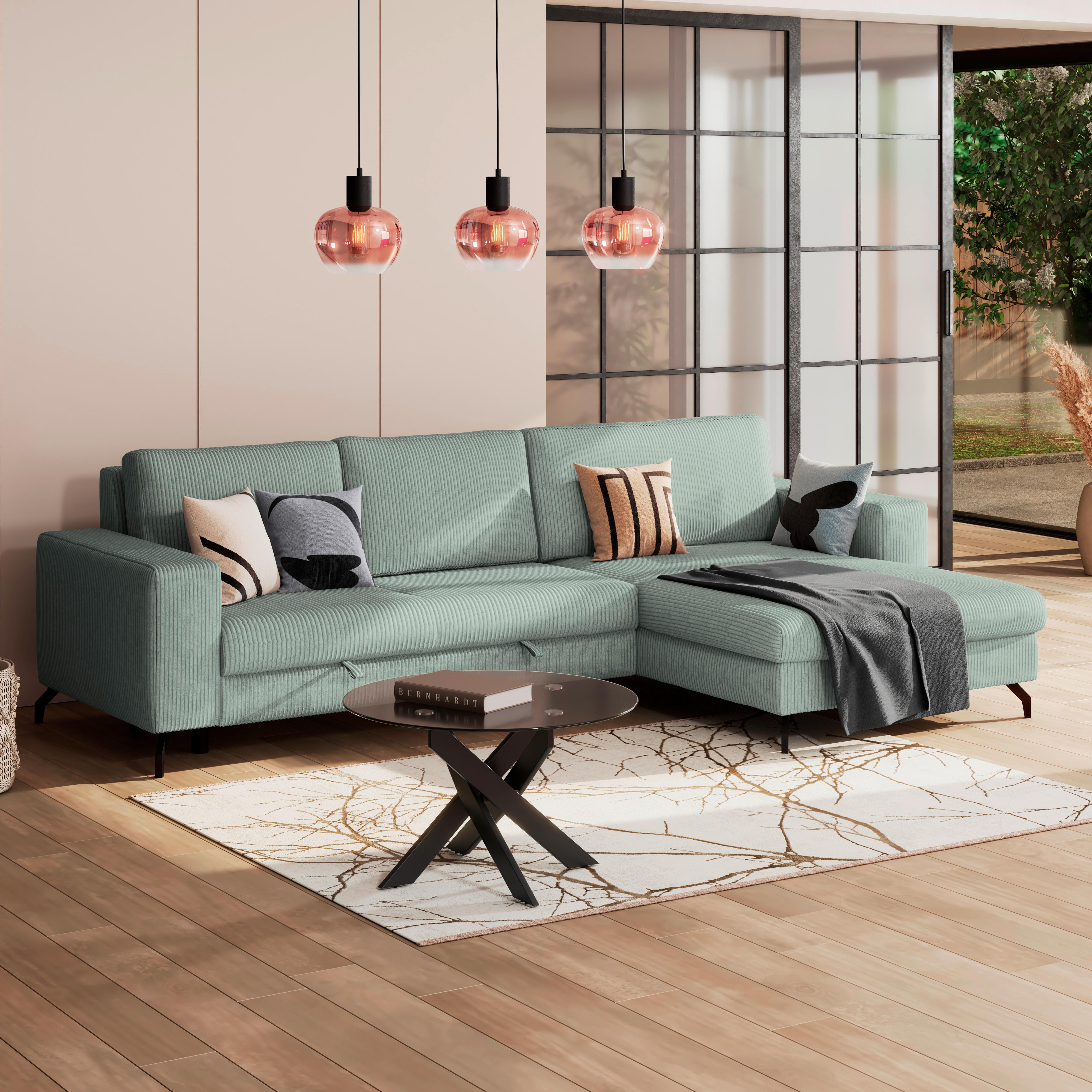 Ecksofa mit Bettkasten Cloud Salbeigrün Cord 290x178 cm - Salbeigrün, Trend, Textil (290/178cm)