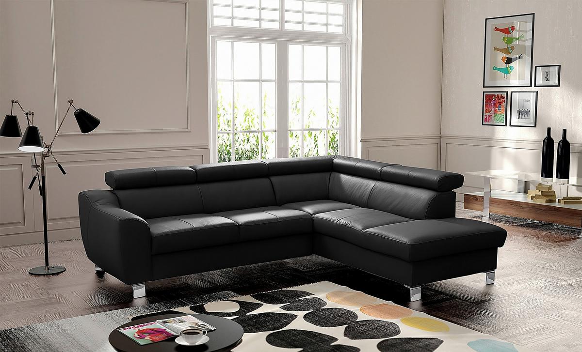 Ecksofa Aspen Lederlook Schwarz 245x208 Cm - Chromfarben/Schwarz, Design, Leder/Textil (245/208cm) - Livetastic