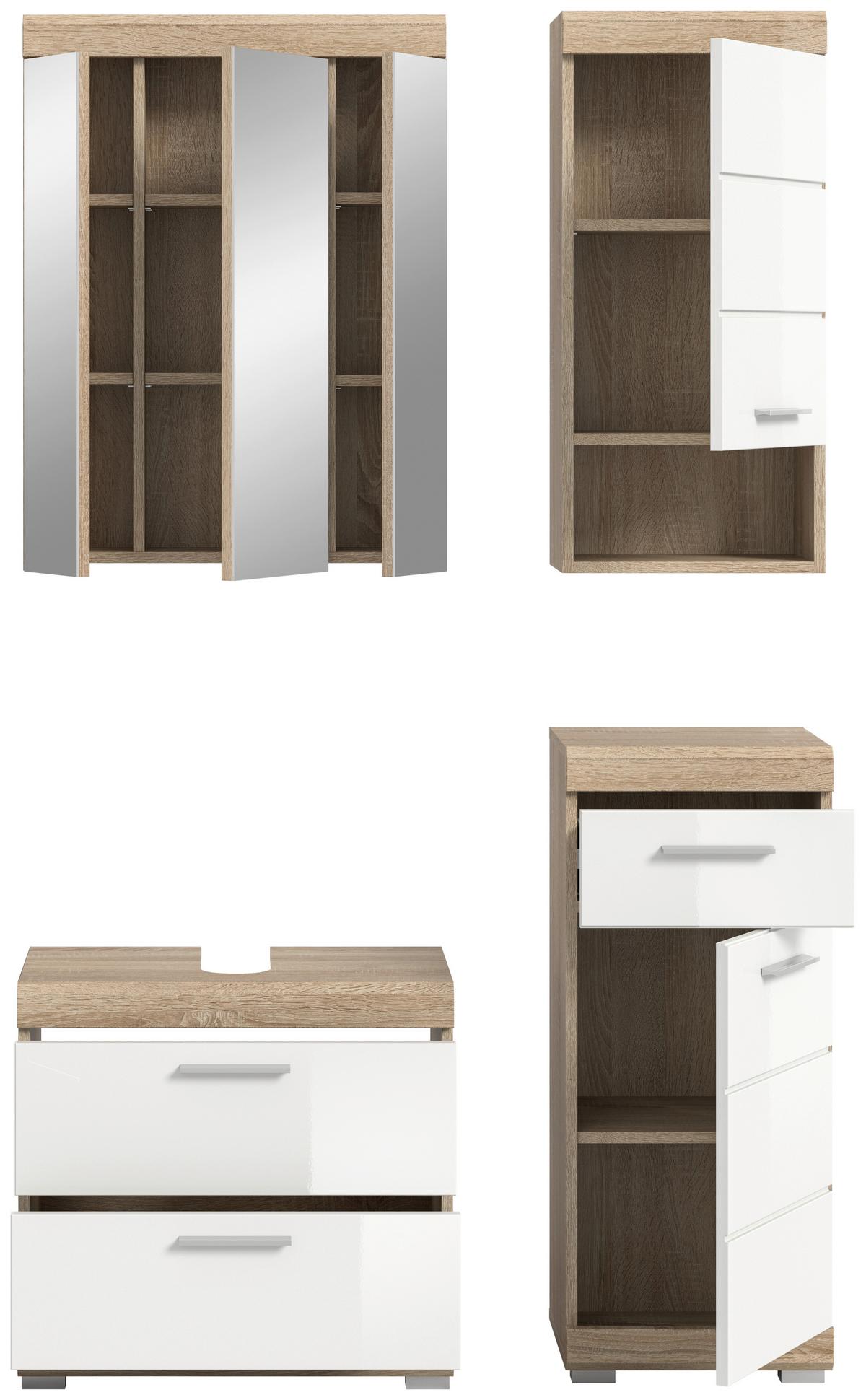Badezimmer Lambada Eiche Dekor/Weiß B: 97 cm - Weiß Hochglanz/Silberfarben, MODERN, Glas/Holzwerkstoff (97cm) - MID.YOU