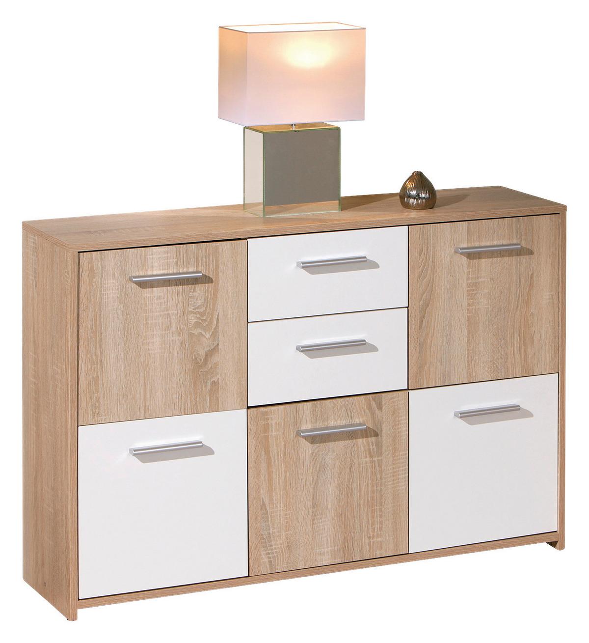 Kommode B 115cm Elvezia, Sonoma Eiche/Weiß - Weiß/Sonoma Eiche, Basics, Holzwerkstoff (115/77/30cm) - MID.YOU
